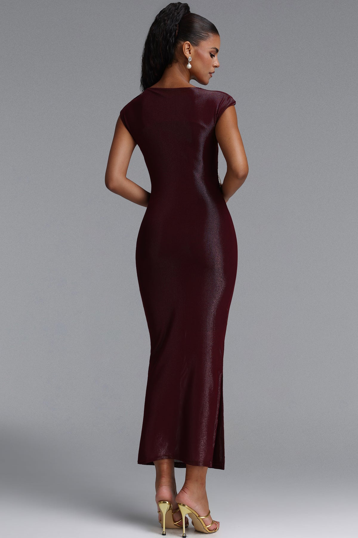 Denali Glitter Pleated Metal Decor Maxi Dress – Burgundy