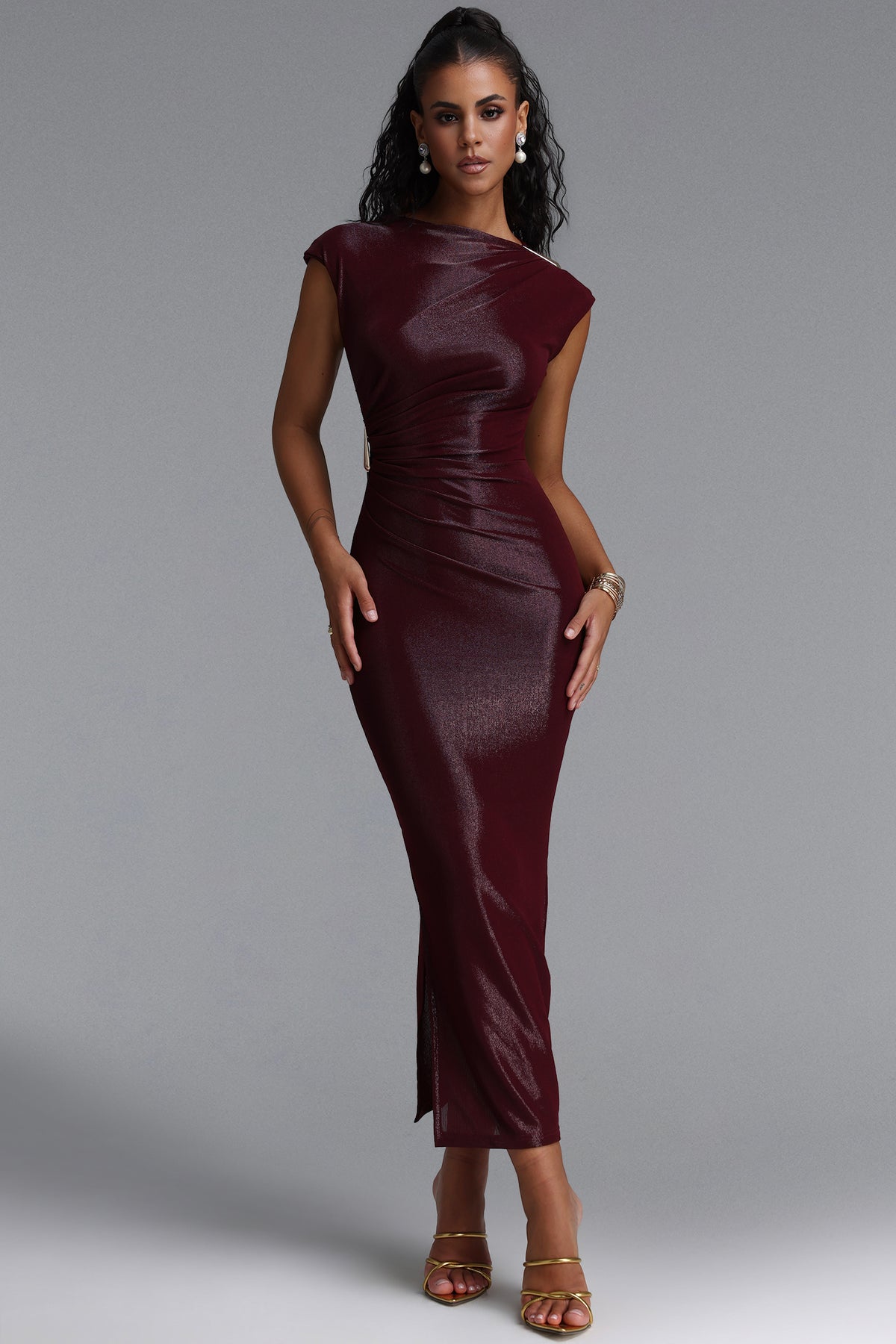Denali Glitter Pleated Metal Decor Maxi Dress – Burgundy