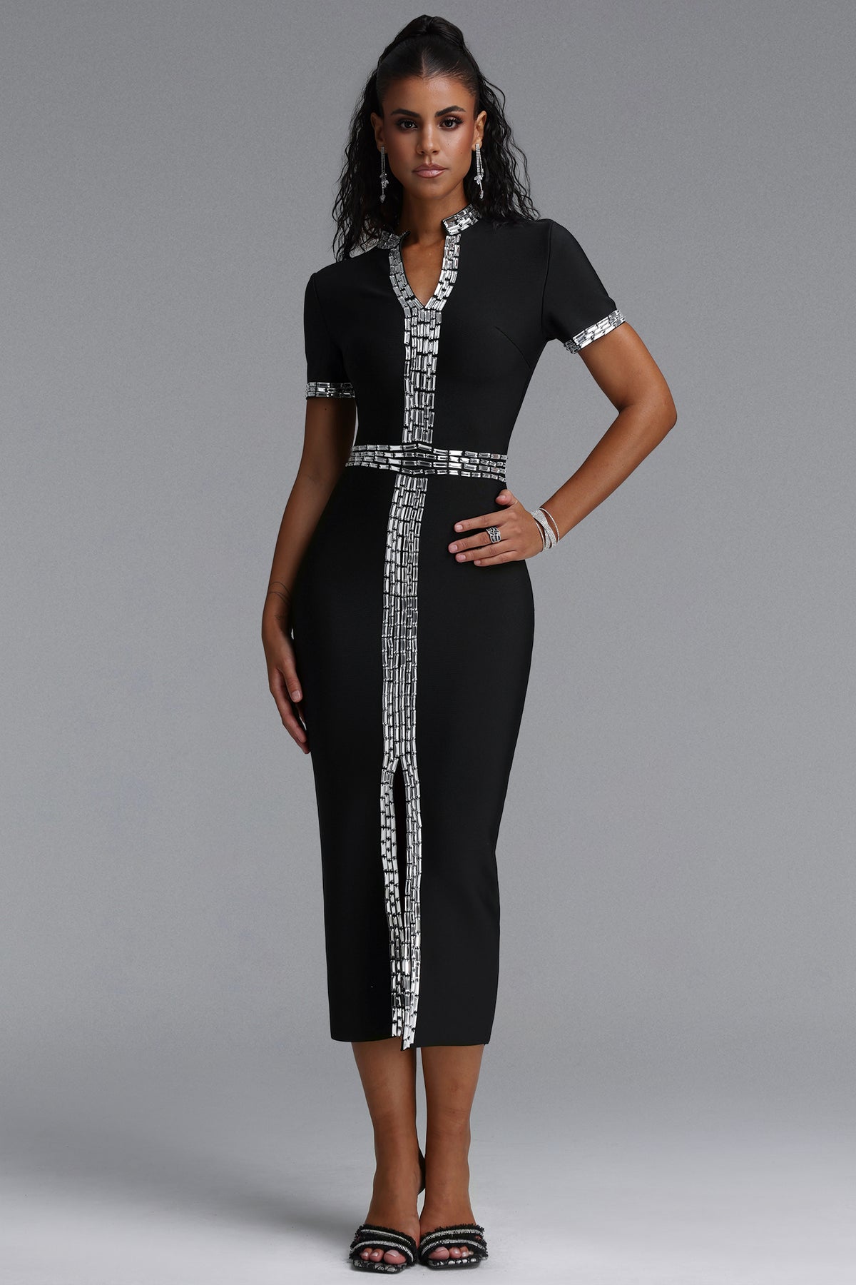 Elosie Short Sleeve Rhinestone Slit Bandage Midi Dress