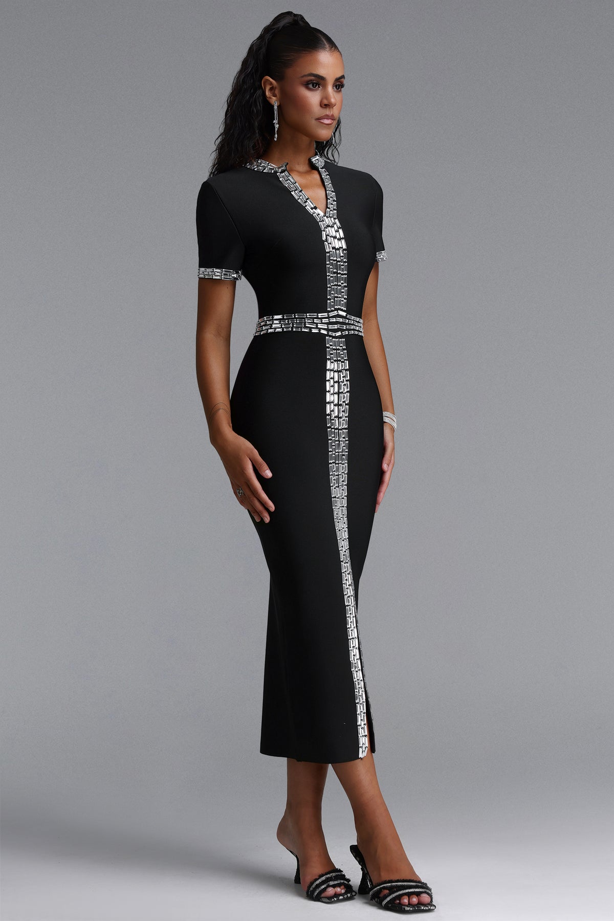 Elosie Short Sleeve Rhinestone Slit Bandage Midi Dress