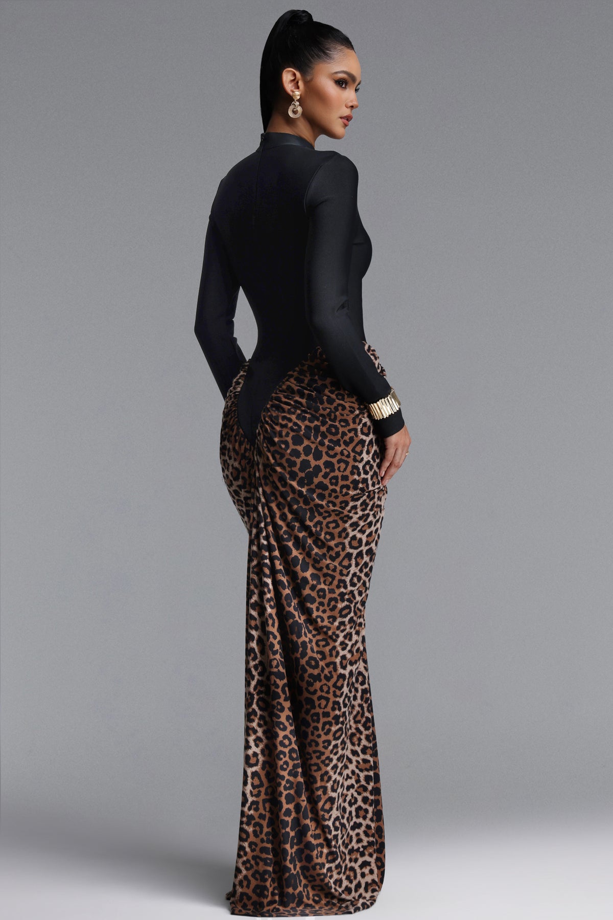 High Neck Long Sleeve Color Block Draped Bandage Maxi Dress