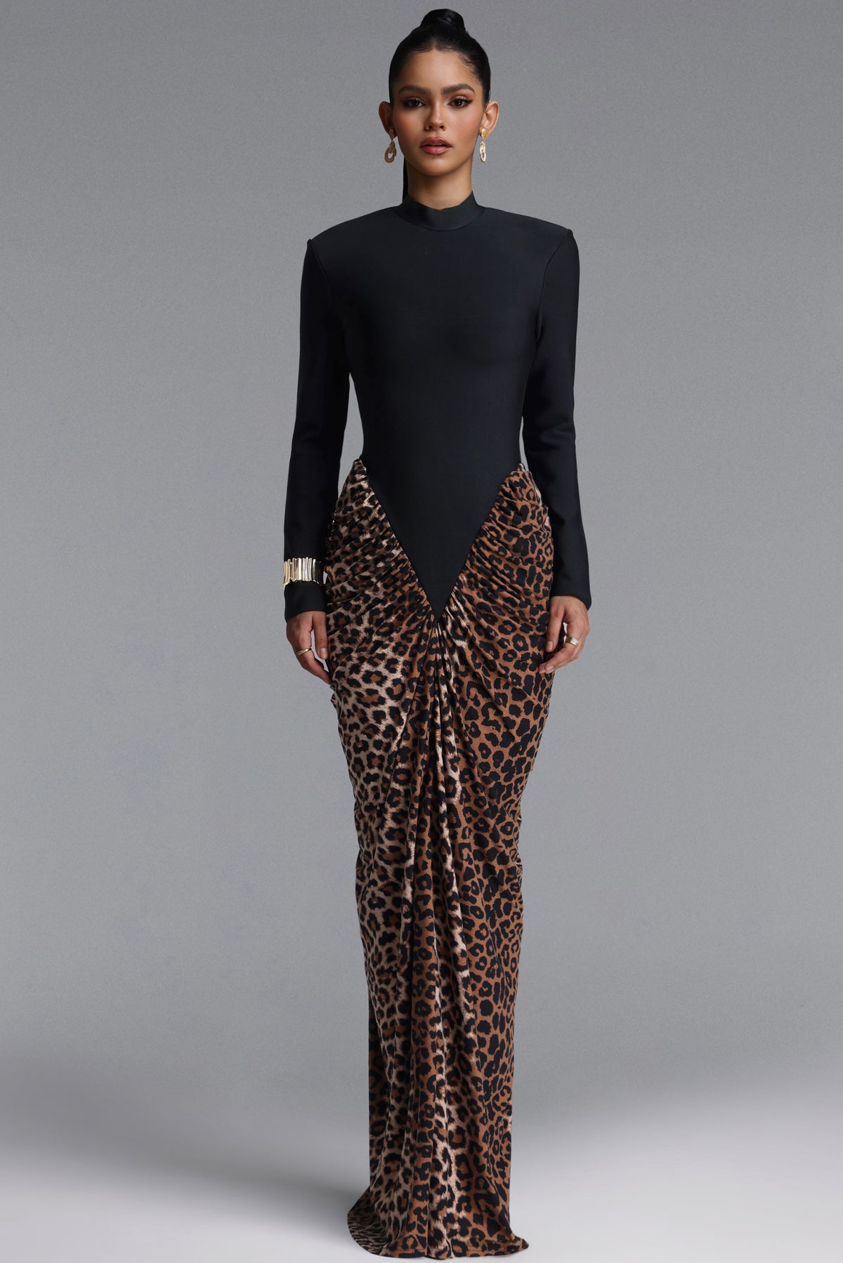 High Neck Long Sleeve Color Block Draped Bandage Maxi Dress