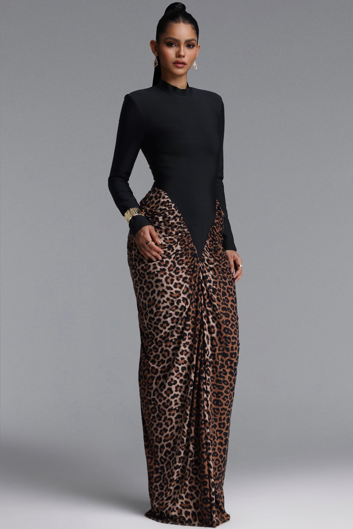 Classic High Neck Long Sleeve Color Block Draped Bandage Maxi Dress