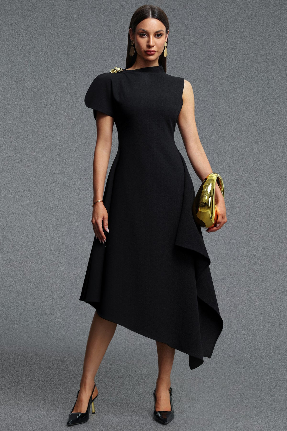 Weren Elegant Contour High Neck Asymmetric Black Maxi Dress