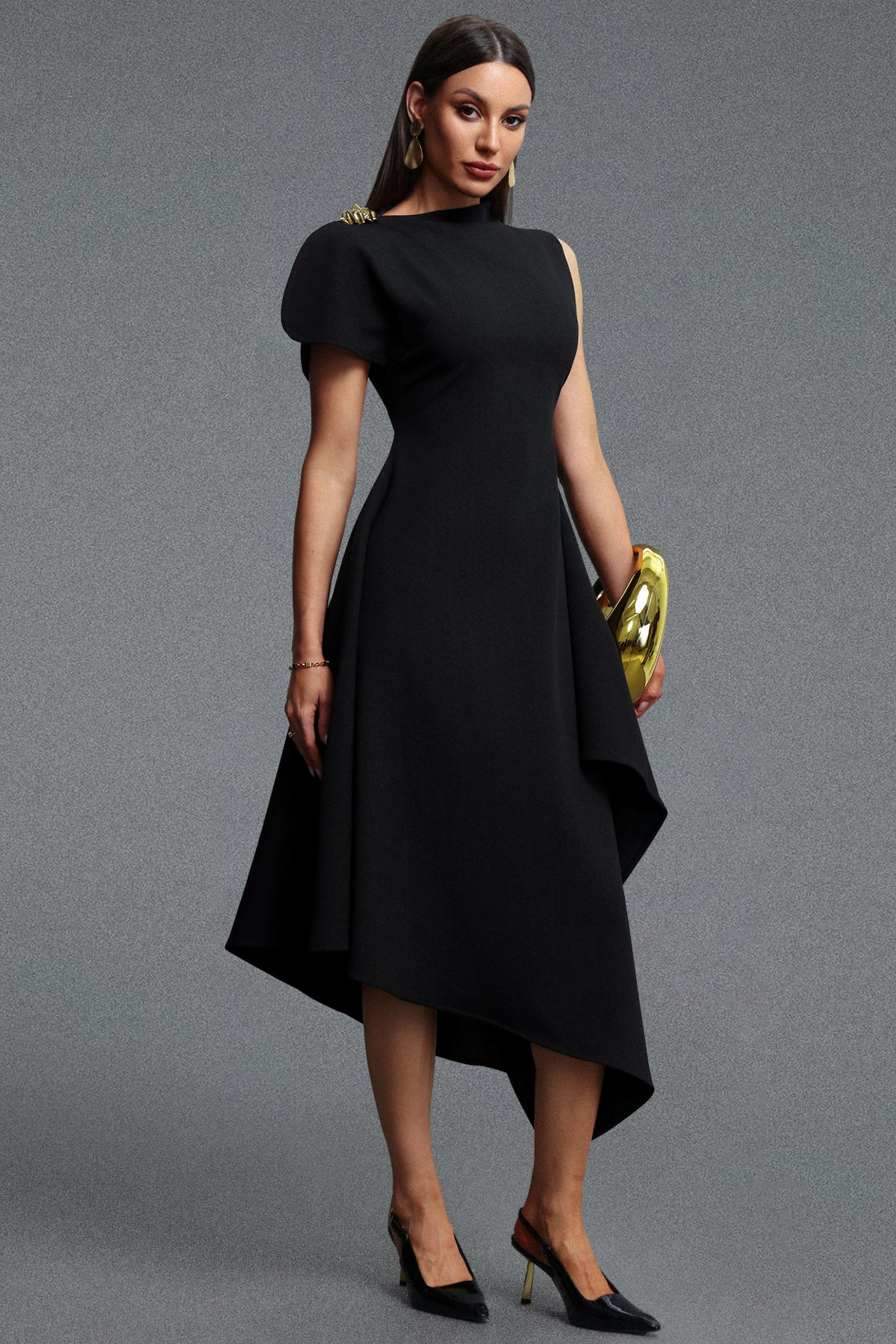 Weren High Neck Asymmetric Maxi Dress – Black