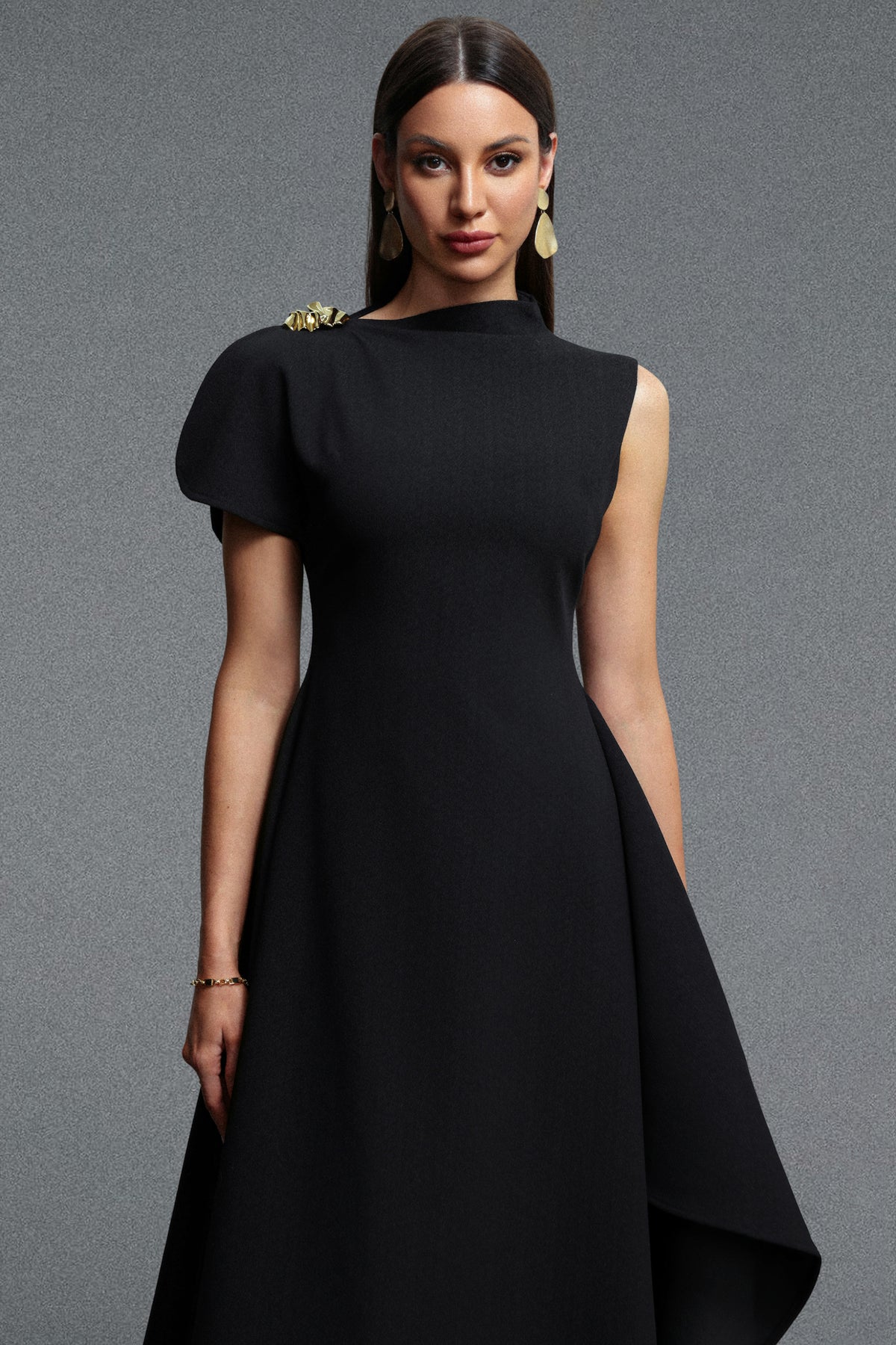 Weren High Neck Asymmetric Maxi Dress – Black