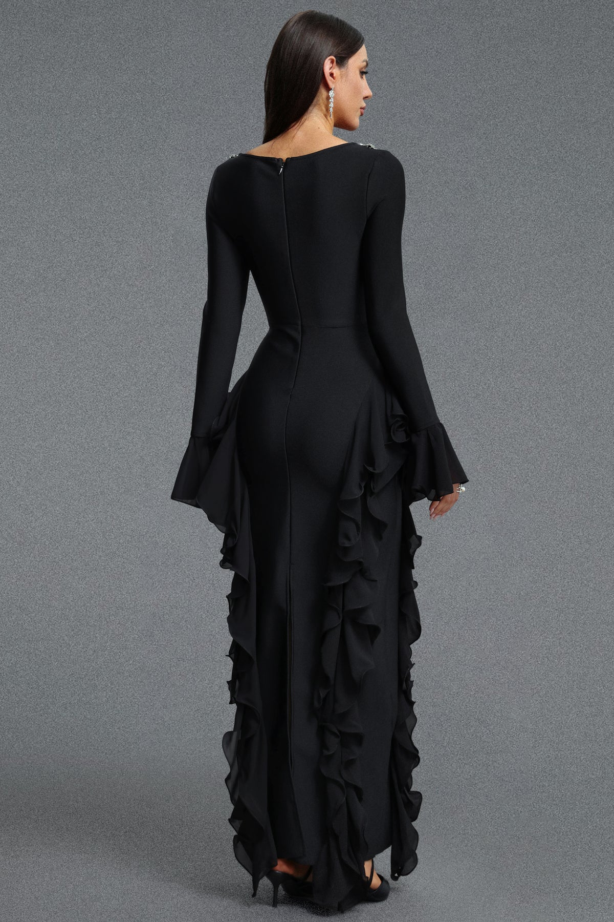 Mavis Square Neck Long Sleeve Rhinestone Embellished Ruffle Bandage Maxi Dress