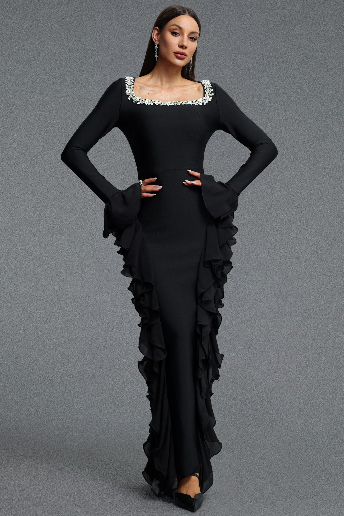 Mavis Square Neck Long Sleeve Rhinestone Embellished Ruffle Bandage Maxi Dress