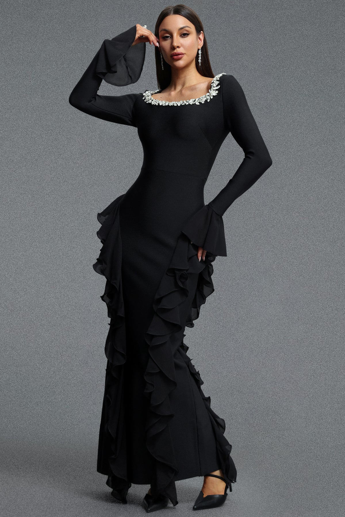 Mavis Square Neck Long Sleeve Rhinestone Embellished Ruffle Bandage Maxi Dress