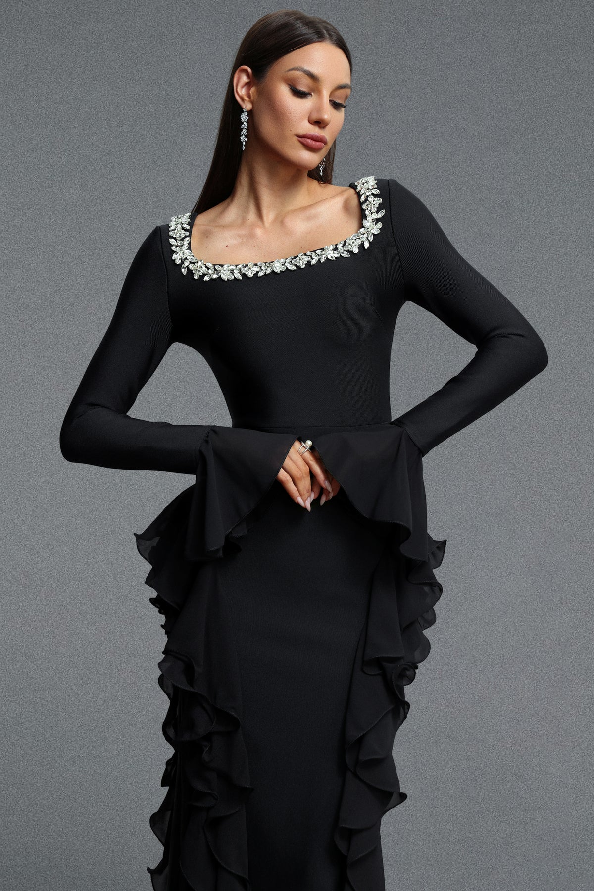 Mavis Square Neck Long Sleeve Rhinestone Embellished Ruffle Bandage Maxi Dress