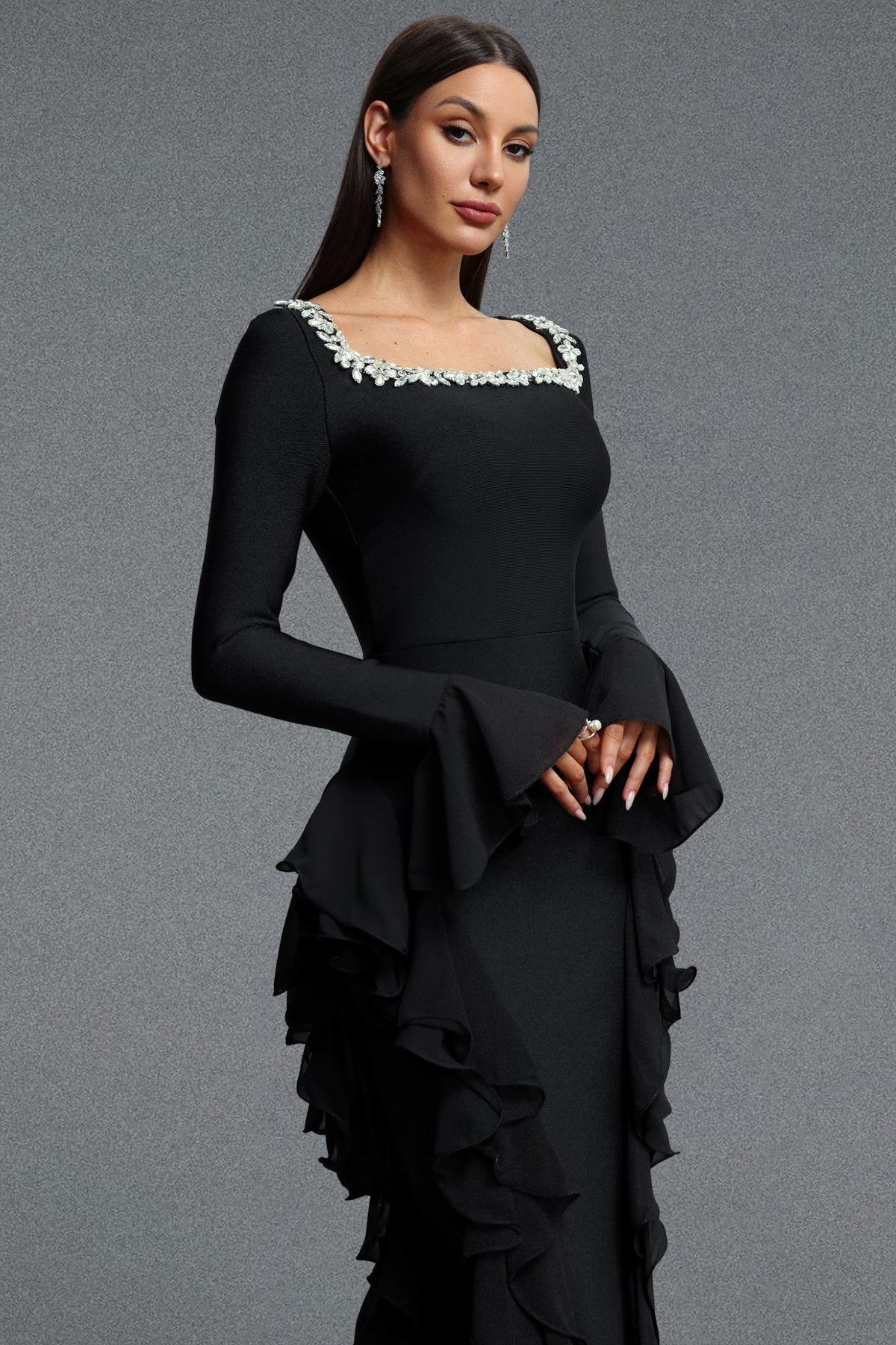 Mavis Square Neck Long Sleeve Rhinestone Embellished Ruffle Bandage Maxi Dress