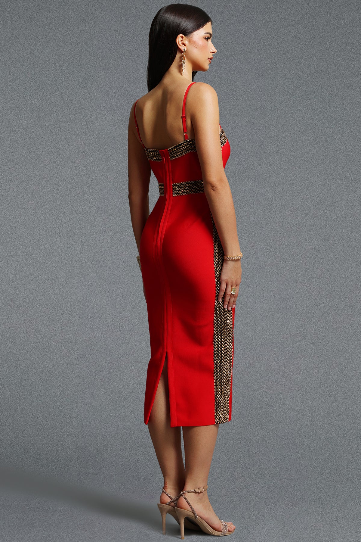 Lestie Straight Neck Gold Woven Bandage Midi Dress – Red