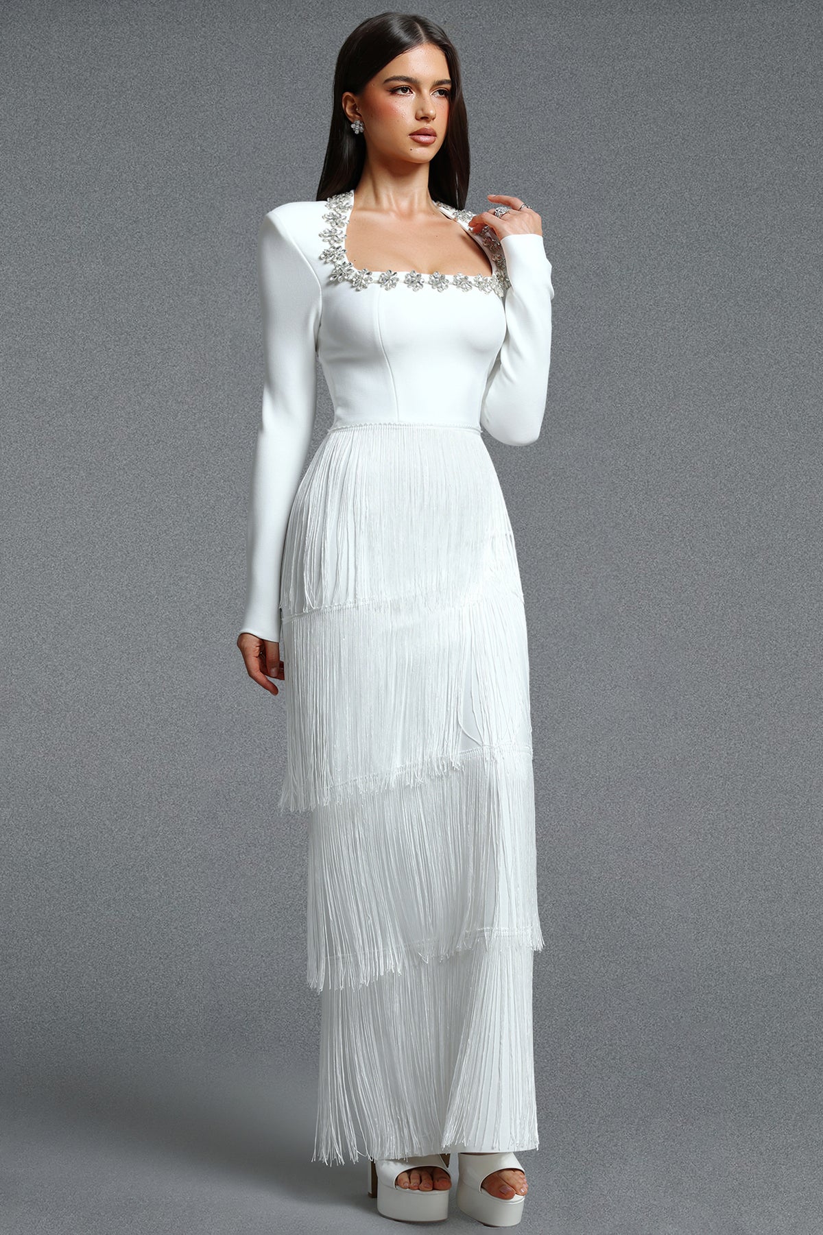 Holisa Fitted Square Neck Long Sleeve Floral Rhinestone Multi Layer Tassel Bandage Maxi Dress