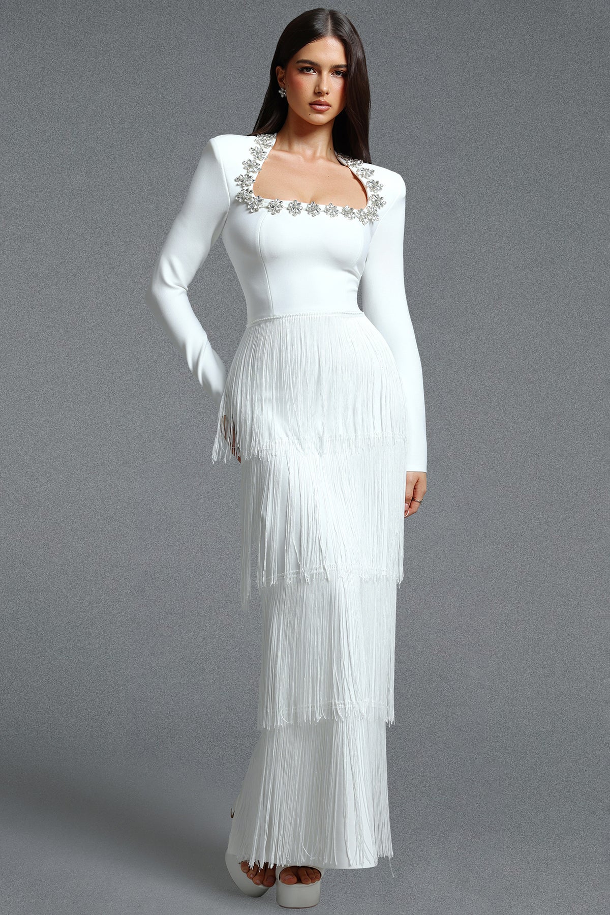 Holisa Square Neck Long Sleeve Floral Rhinestone Multi Layer Tassel Bandage Maxi Dress