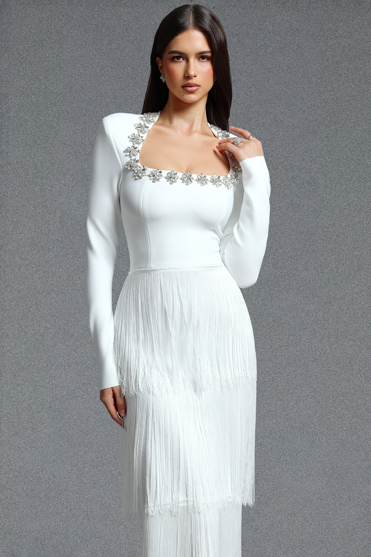 Holisa Square Neck Long Sleeve Floral Rhinestone Multi Layer Tassel Bandage Maxi Dress