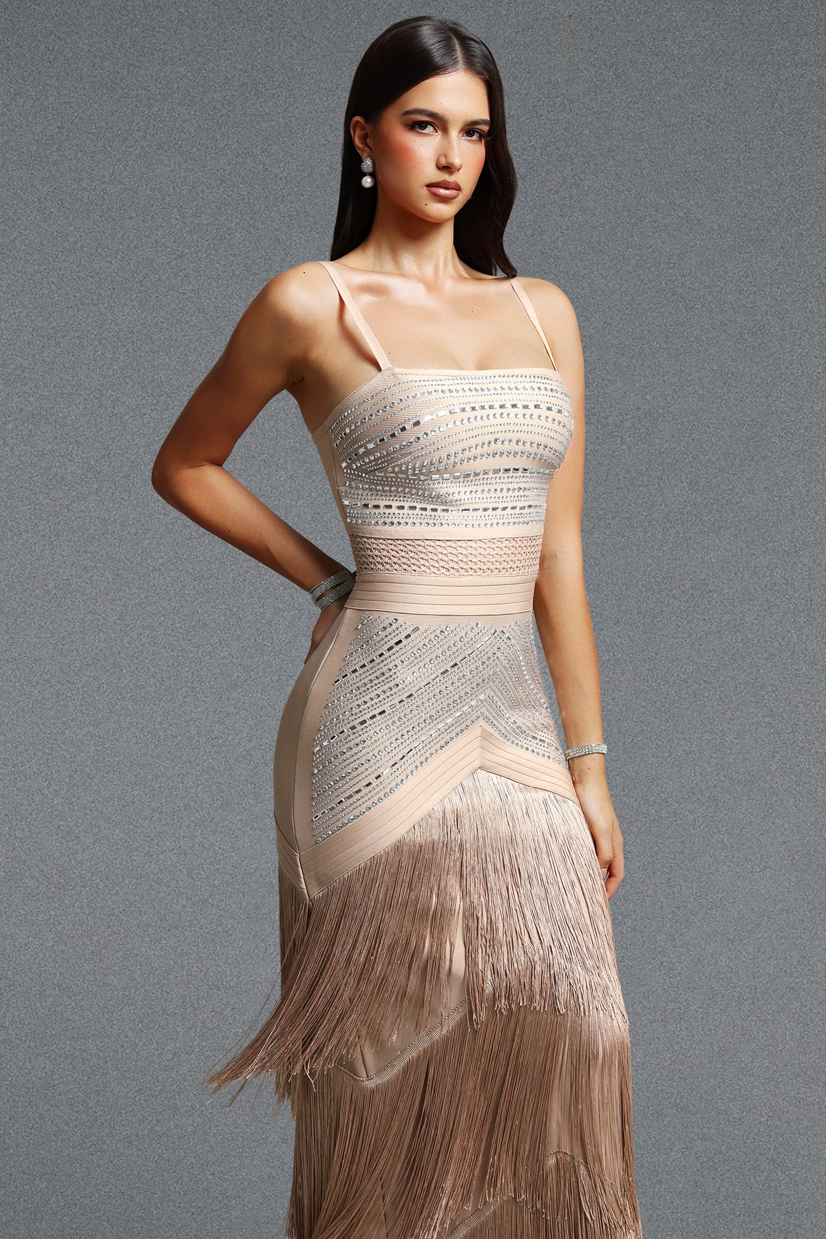Hilia Spaghetti Strap Rhinestone Fringe Bandage Maxi Dress