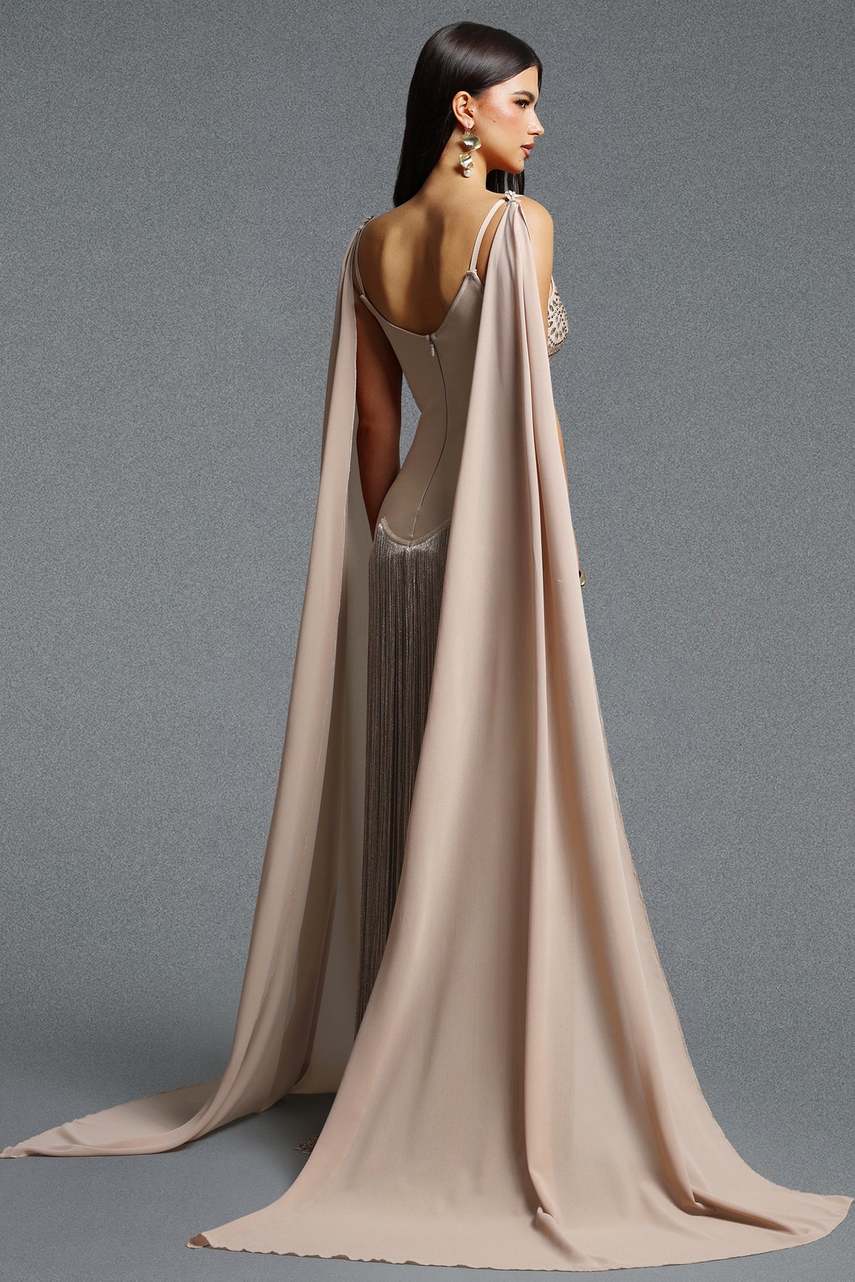 Ikara Spaghetti Strap Rhinestone Fringe Cape Bandage Maxi Dress