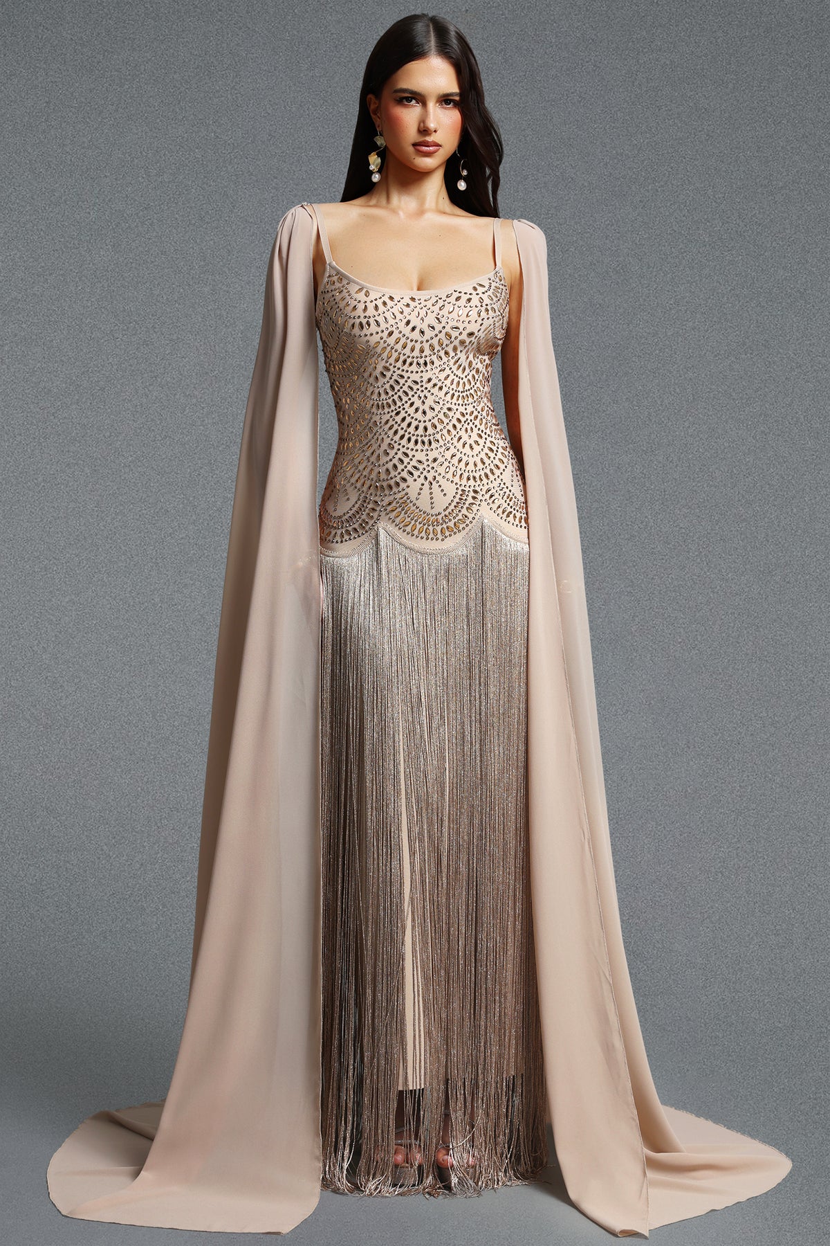 Ikara Spaghetti Strap Rhinestone Fringe Cape Bandage Maxi Dress