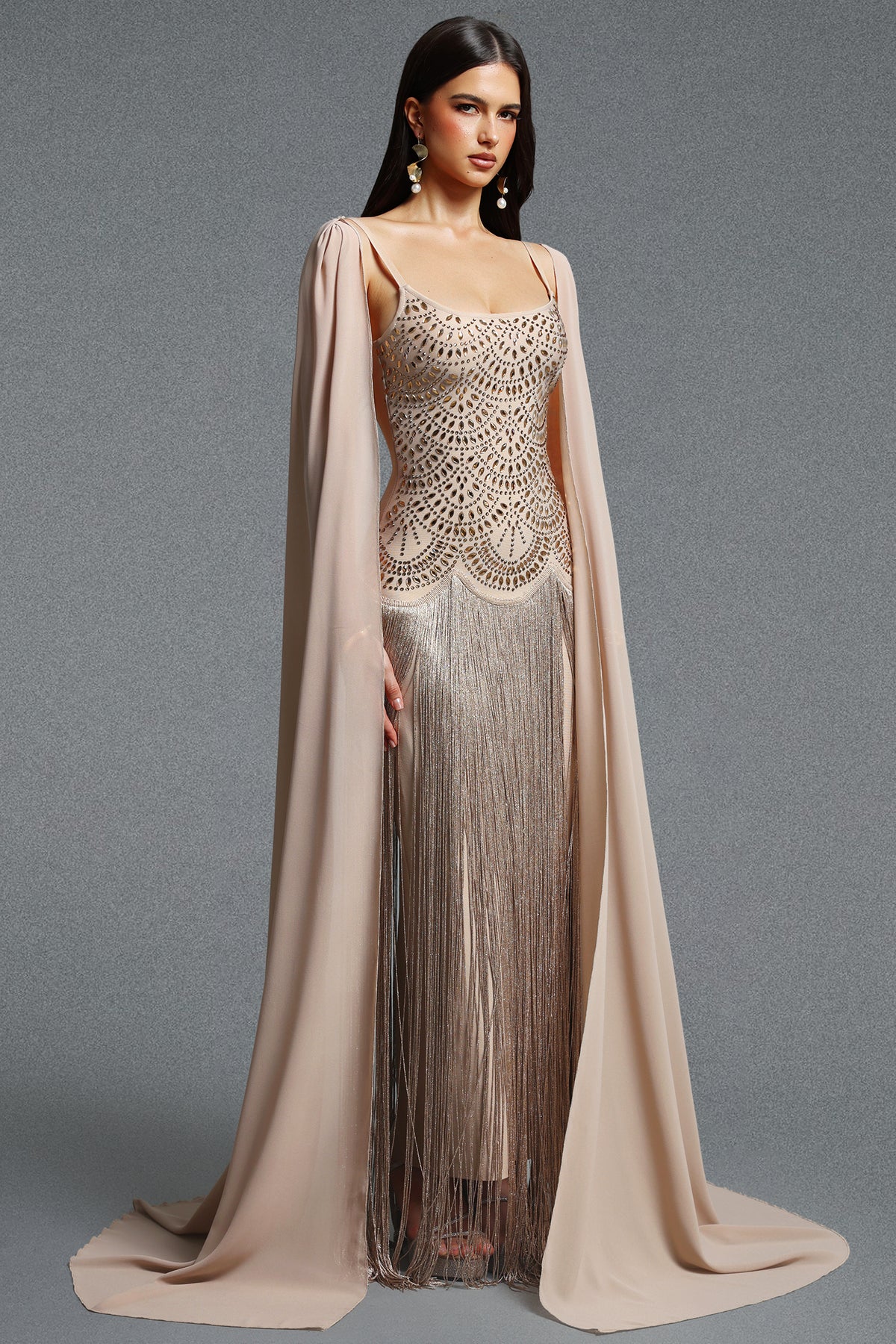 Ikara Spaghetti Strap Rhinestone Fringe Cape Bandage Maxi Dress