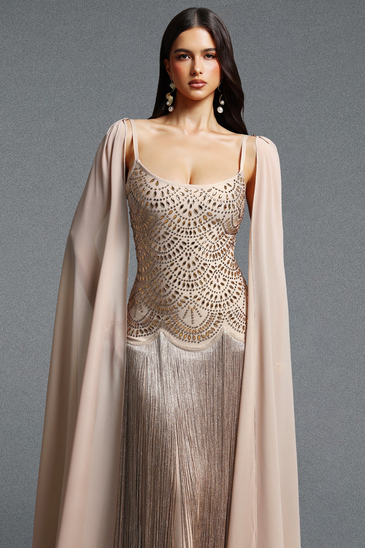 Ikara Spaghetti Strap Rhinestone Fringe Cape Bandage Maxi Dress