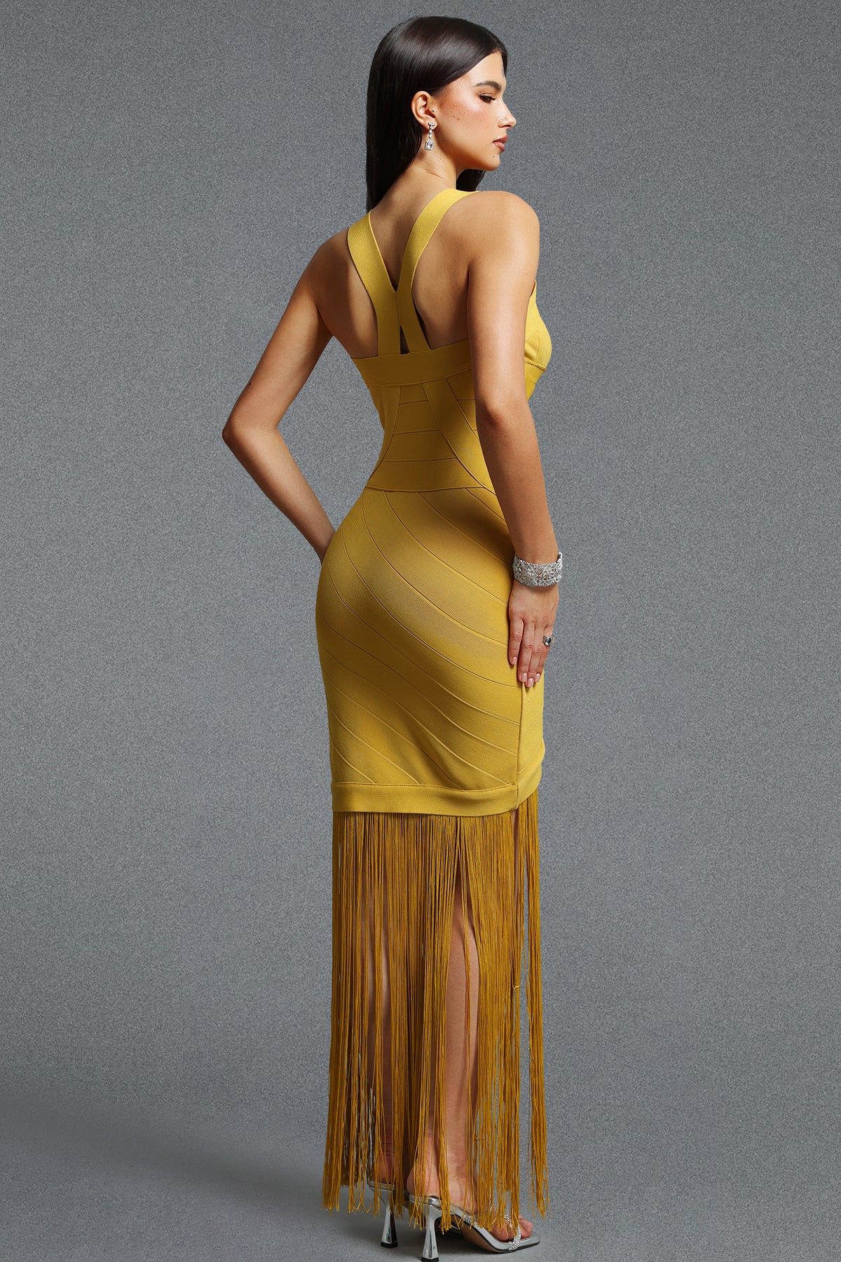 Emma V Neck Sleeveless Fringe Bandage Maxi Dress – Yellow
