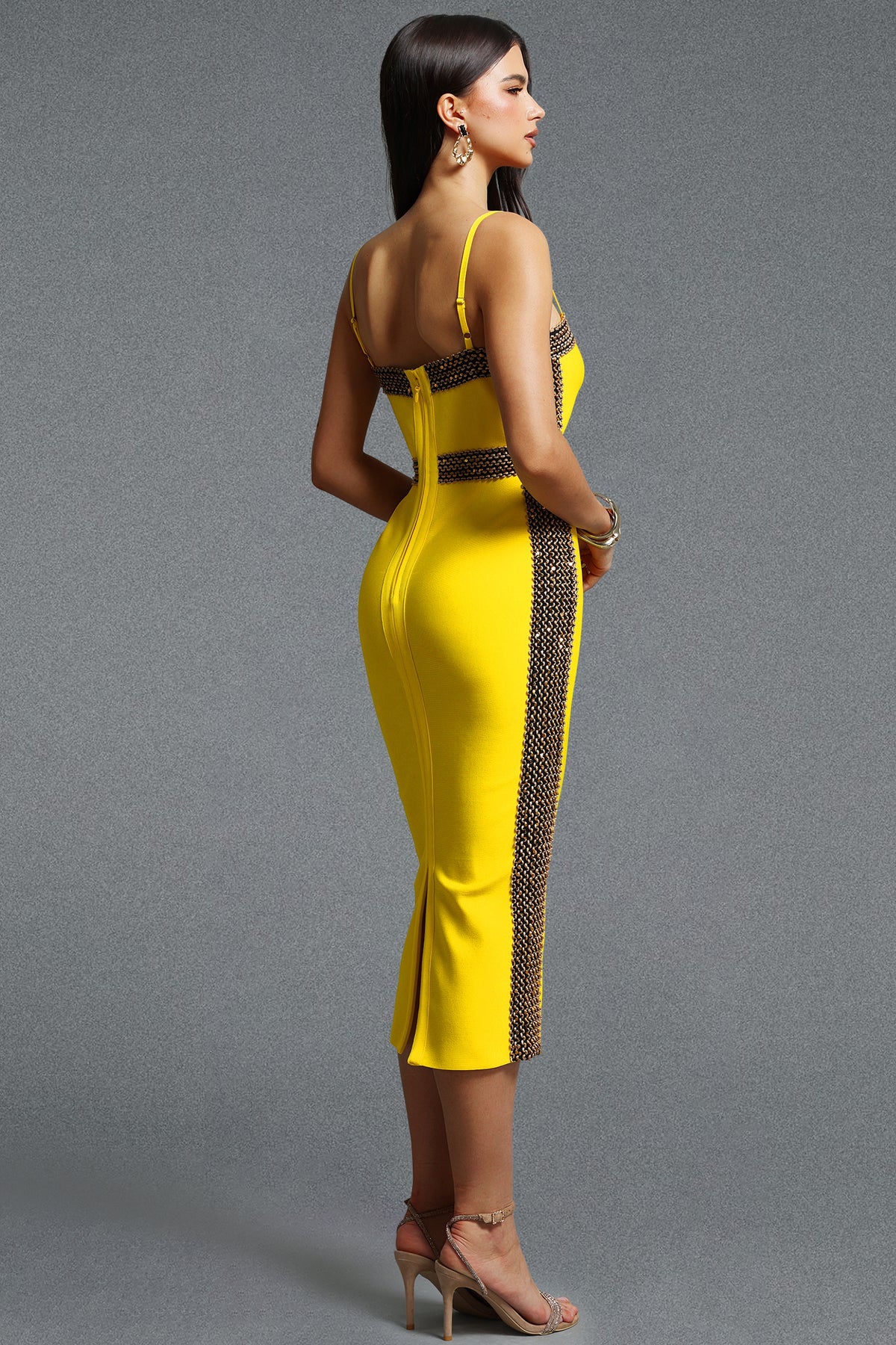 Lestie Straight Neck Gold Woven Bandage Midi Dress – Yellow