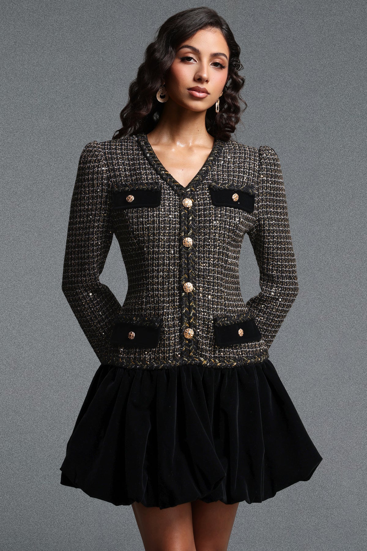 Inez V Neck Long Sleeve Velvet Bubble Sequin Tweed Mini Dress