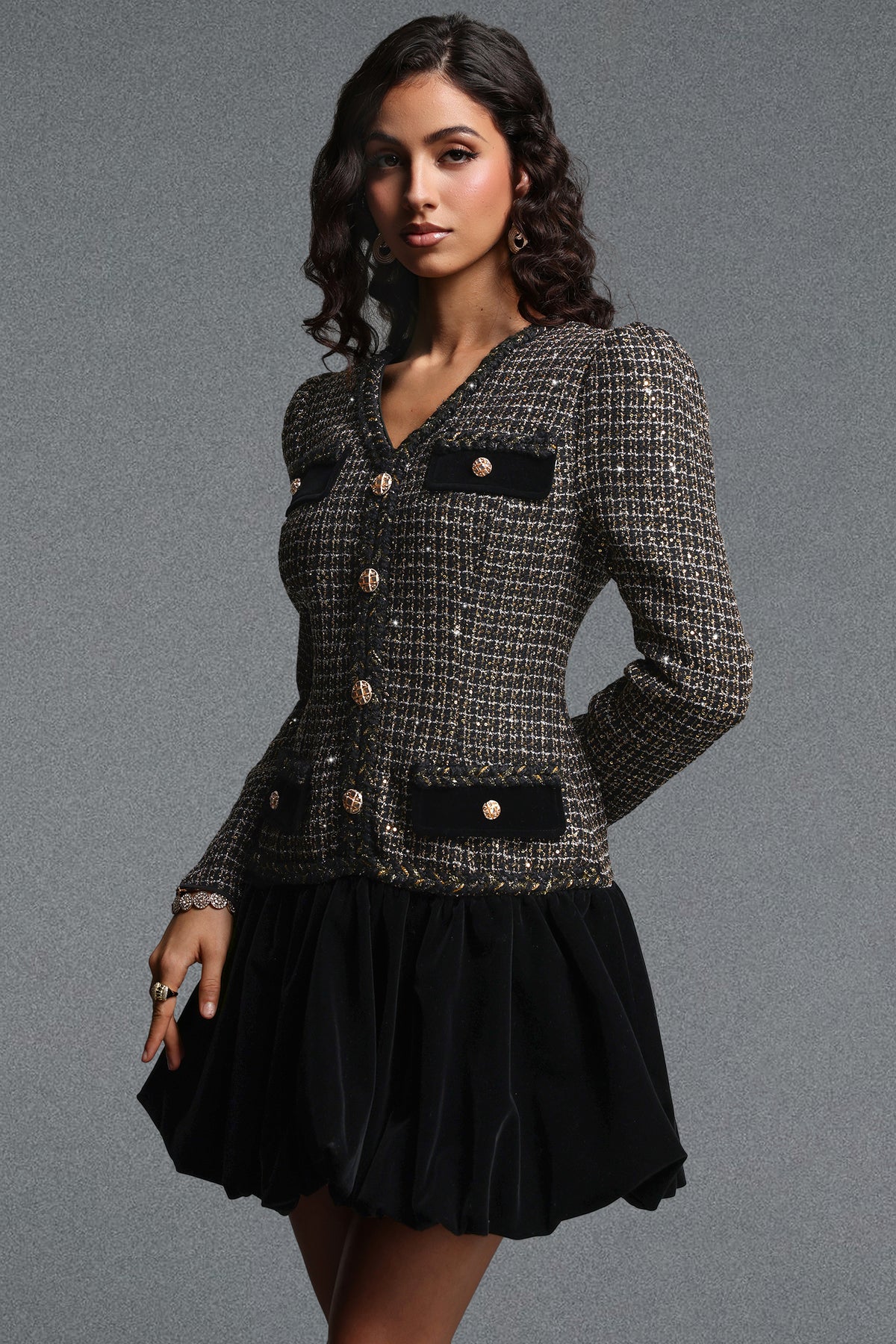 Inez Vintage Tailored V Neck Long Sleeve Velvet Bubble Sequin Tweed Mini Dress
