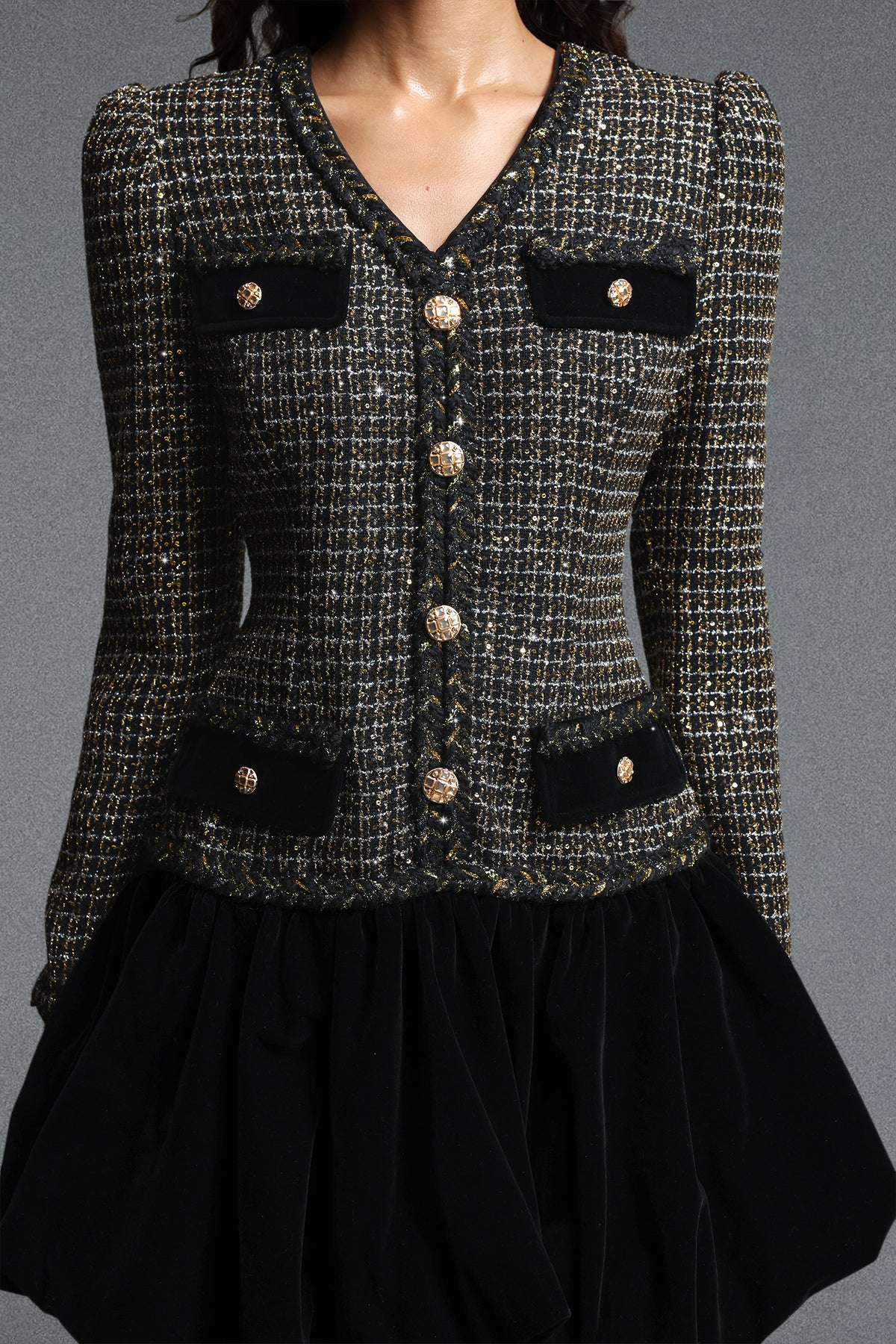 Inez V Neck Long Sleeve Velvet Bubble Sequin Tweed Mini Dress