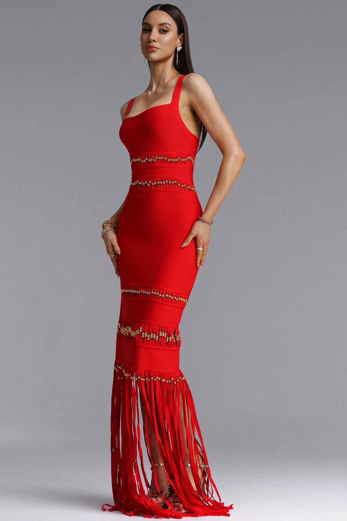 Shanley Sleeveless Beaded Fringe Bandage Maxi Dress – Red