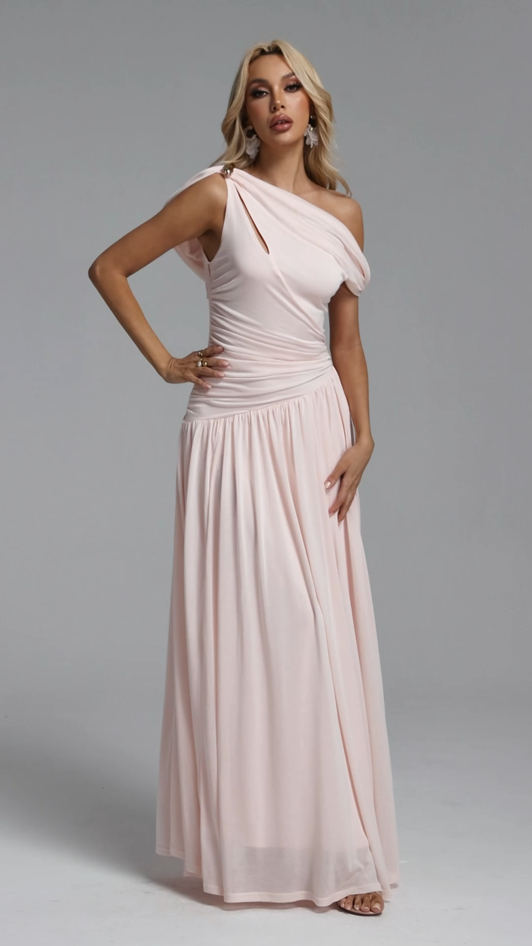 Salina Sleeveless Asymmetric Cut Out Ruched Knit Maxi Dress – Pink