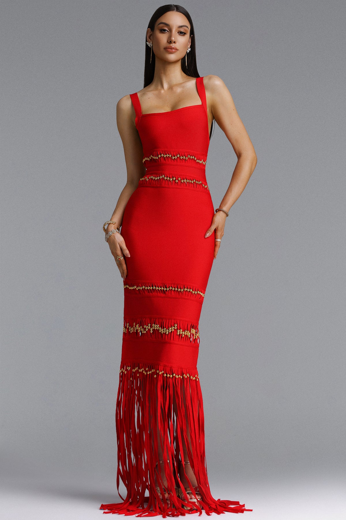 Shanley Sleeveless Beaded Fringe Bandage Maxi Dress – Red