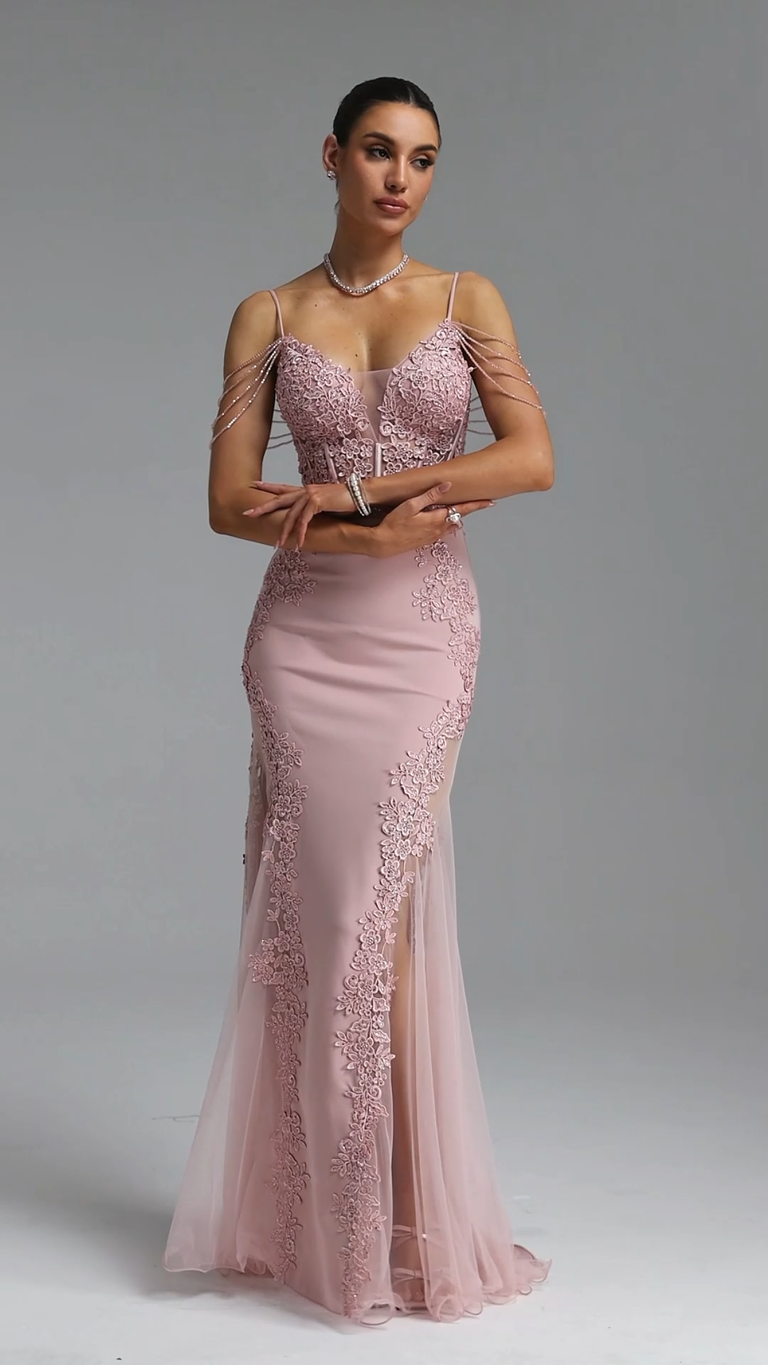 Encho Waist-Cinching Thin Strap V-Neck Off-Shoulder Tassel Lace Floral Mesh Bodycon Mermaid Maxi Evening Dress
