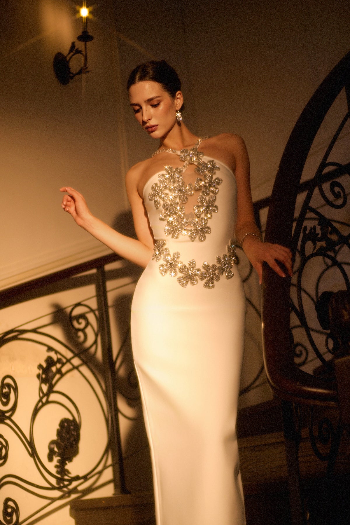 Veronic Halter Cut Out Rhinestone Floral Bandage Maxi Dress