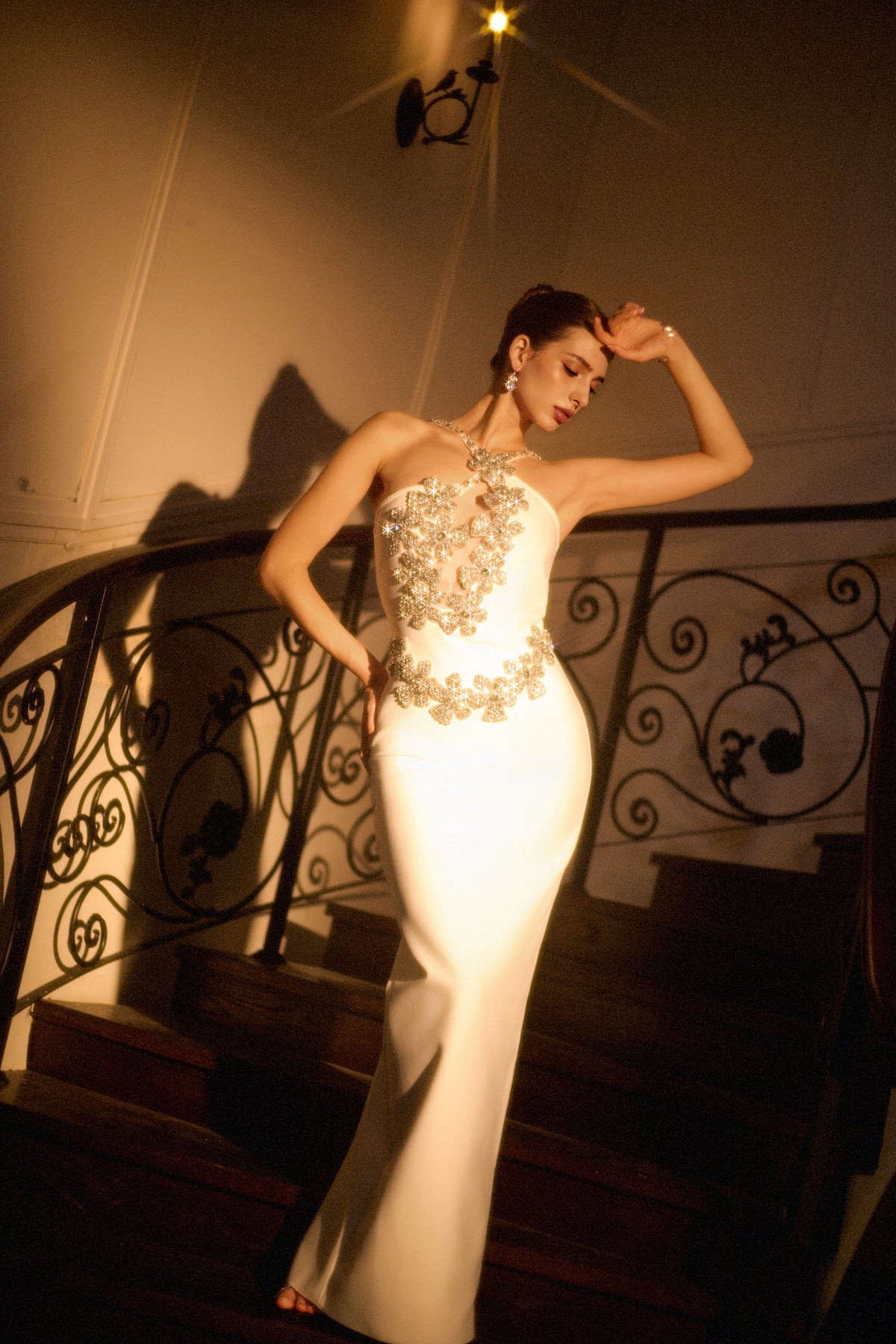 Veronic Halter Cut Out Rhinestone Floral Bandage Maxi Dress