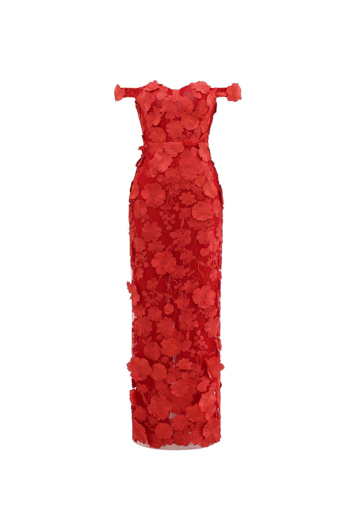 Off Shoulder Floral Embroidered Maxi Dress