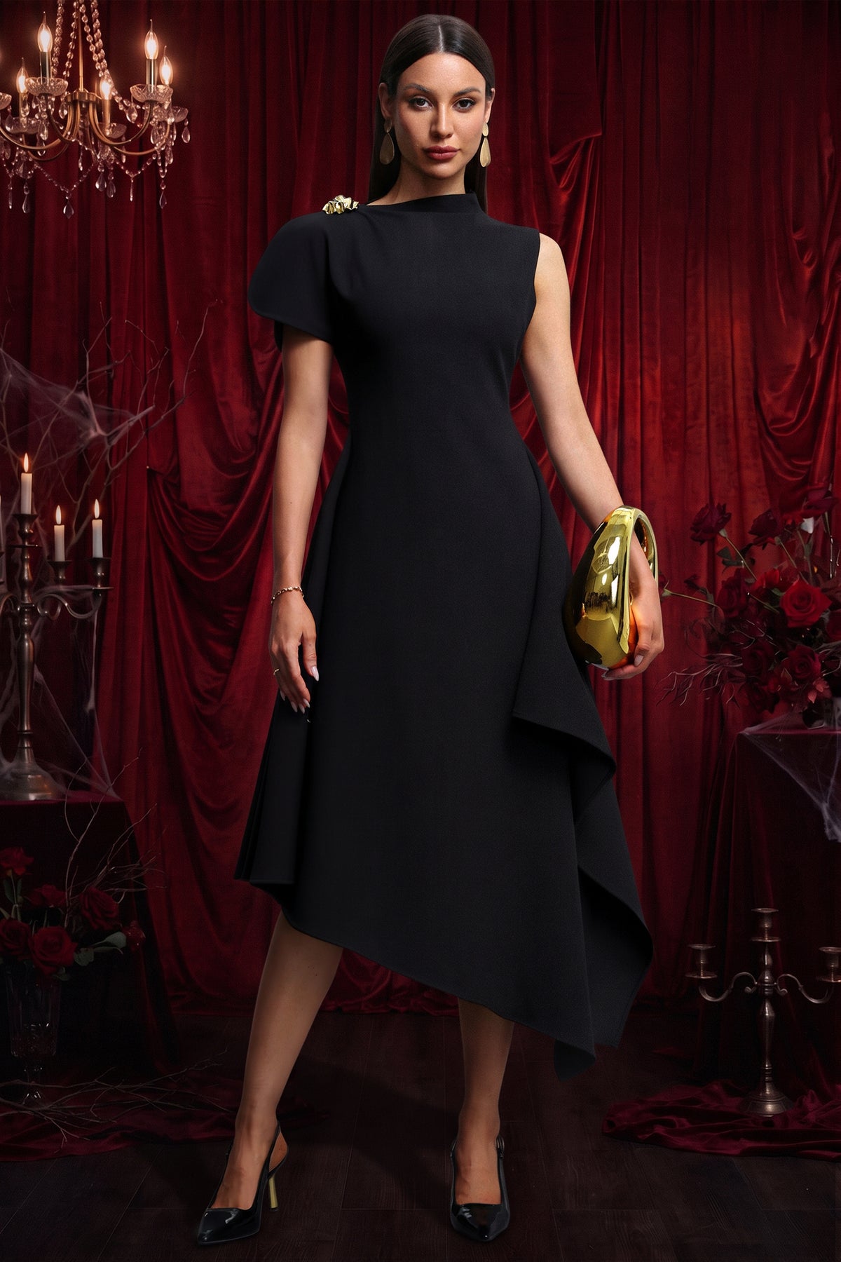 Weren High Neck Asymmetric Maxi Dress – Black