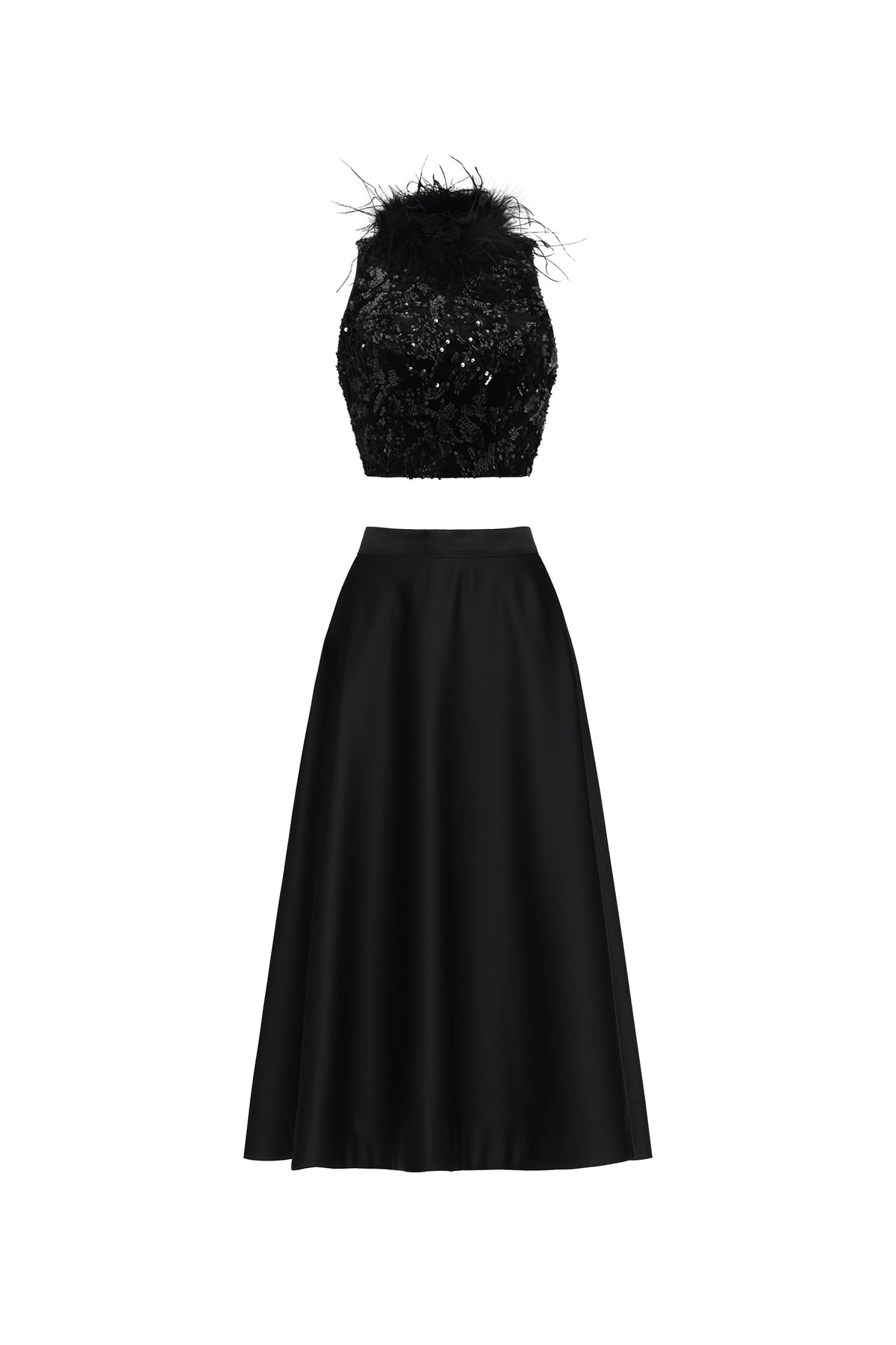 Sleeveless Feather Sequin Velvet Top and Satin Skirt Set