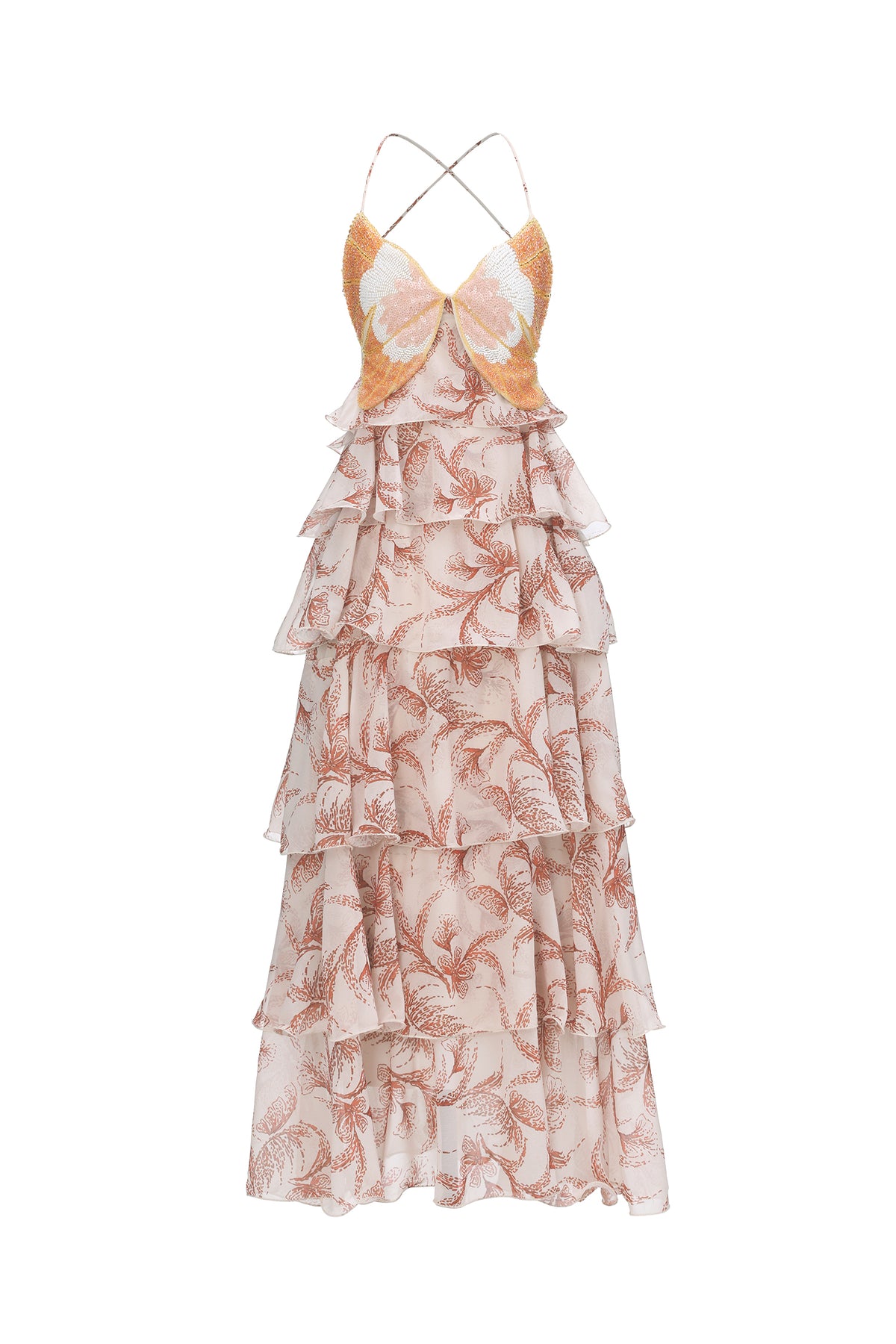 Valerie Flowy Halter Ruffle Sequin Print Maxi Dress