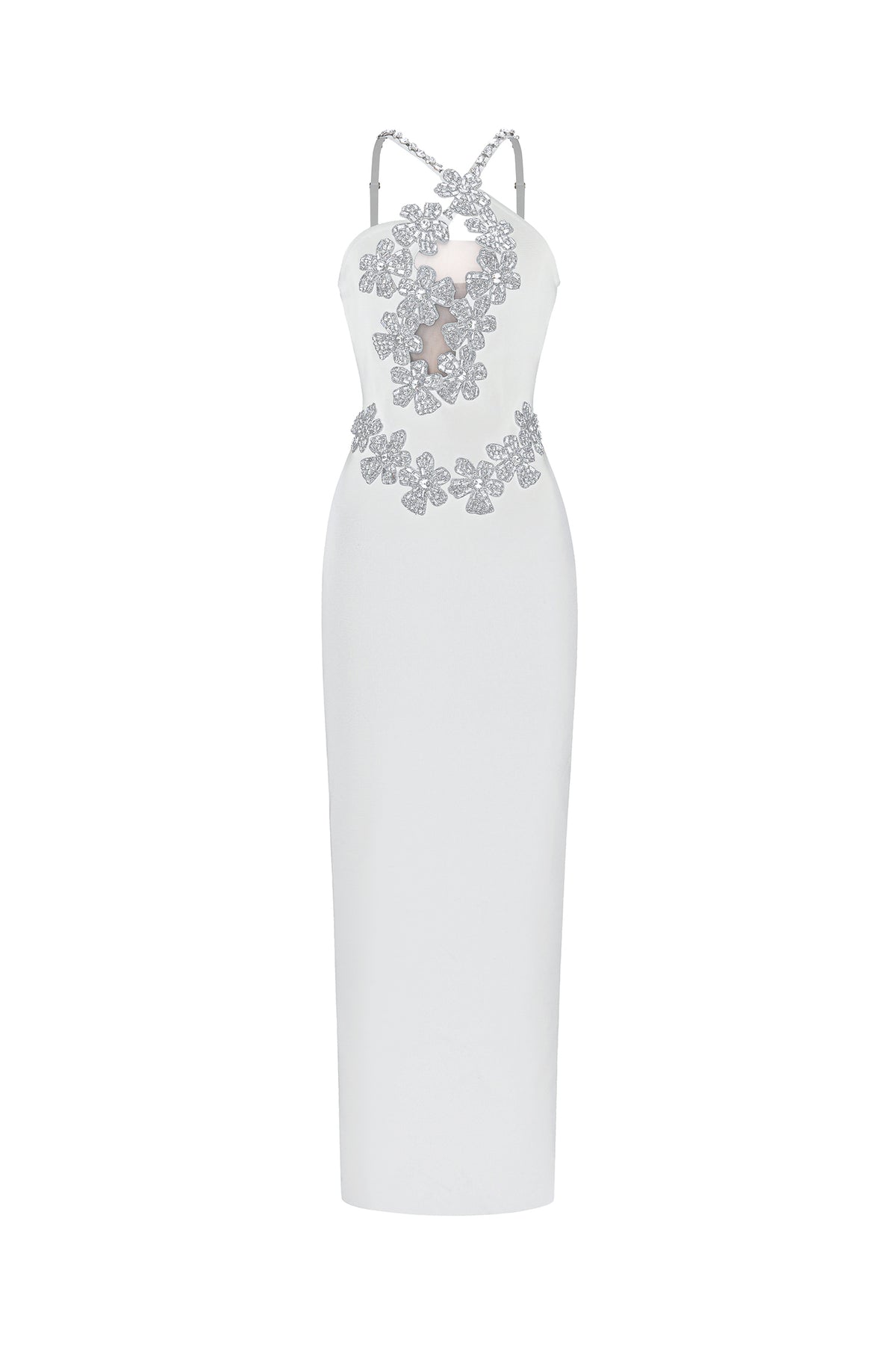 Veronic Halter Cut Out Rhinestone Floral Bandage Maxi Dress