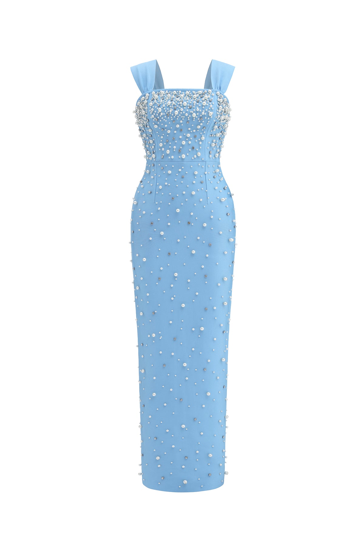 Vafa Square Neck Pearl Rhinestone Bandage Maxi Dress