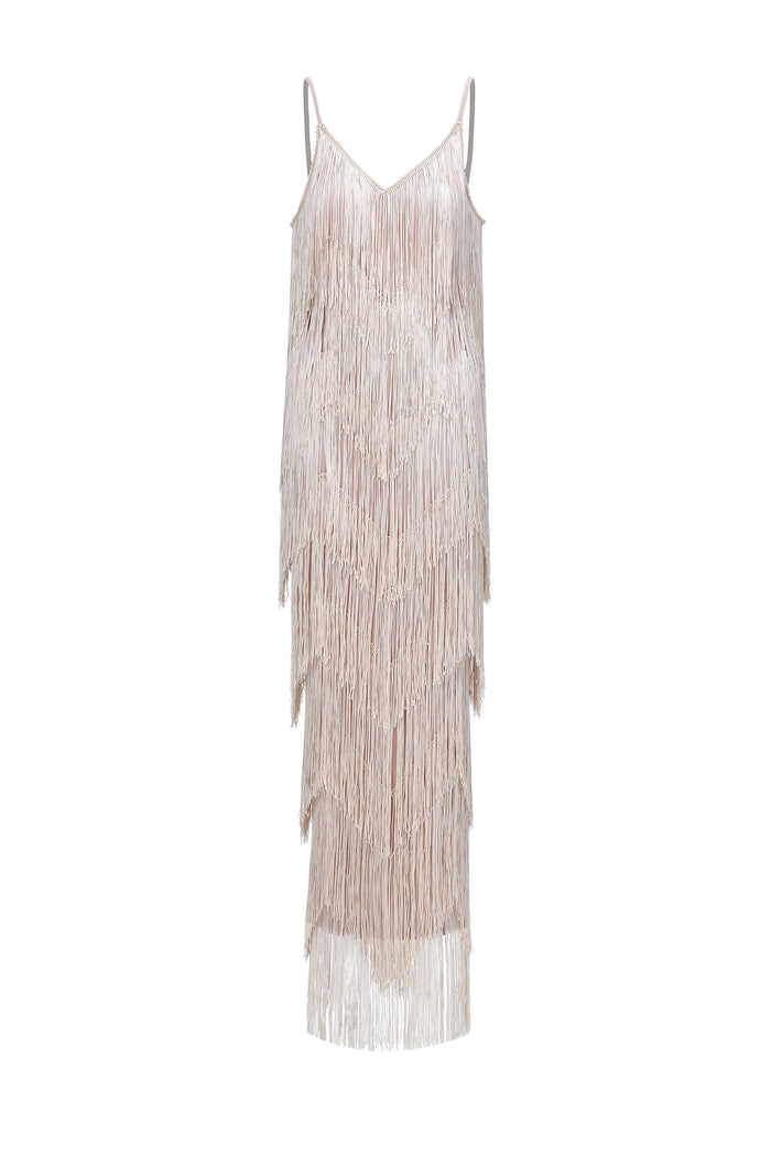 Alex V Neck Layered Fringe Bandage Maxi Dress