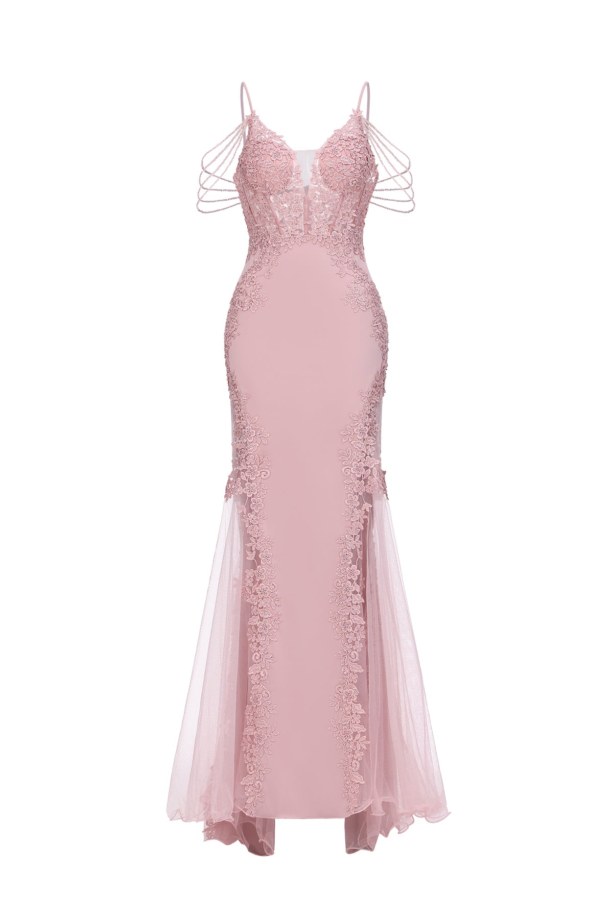 Encho Waist-Cinching Thin Strap V-Neck Off-Shoulder Tassel Lace Floral Mesh Bodycon Mermaid Maxi Evening Dress
