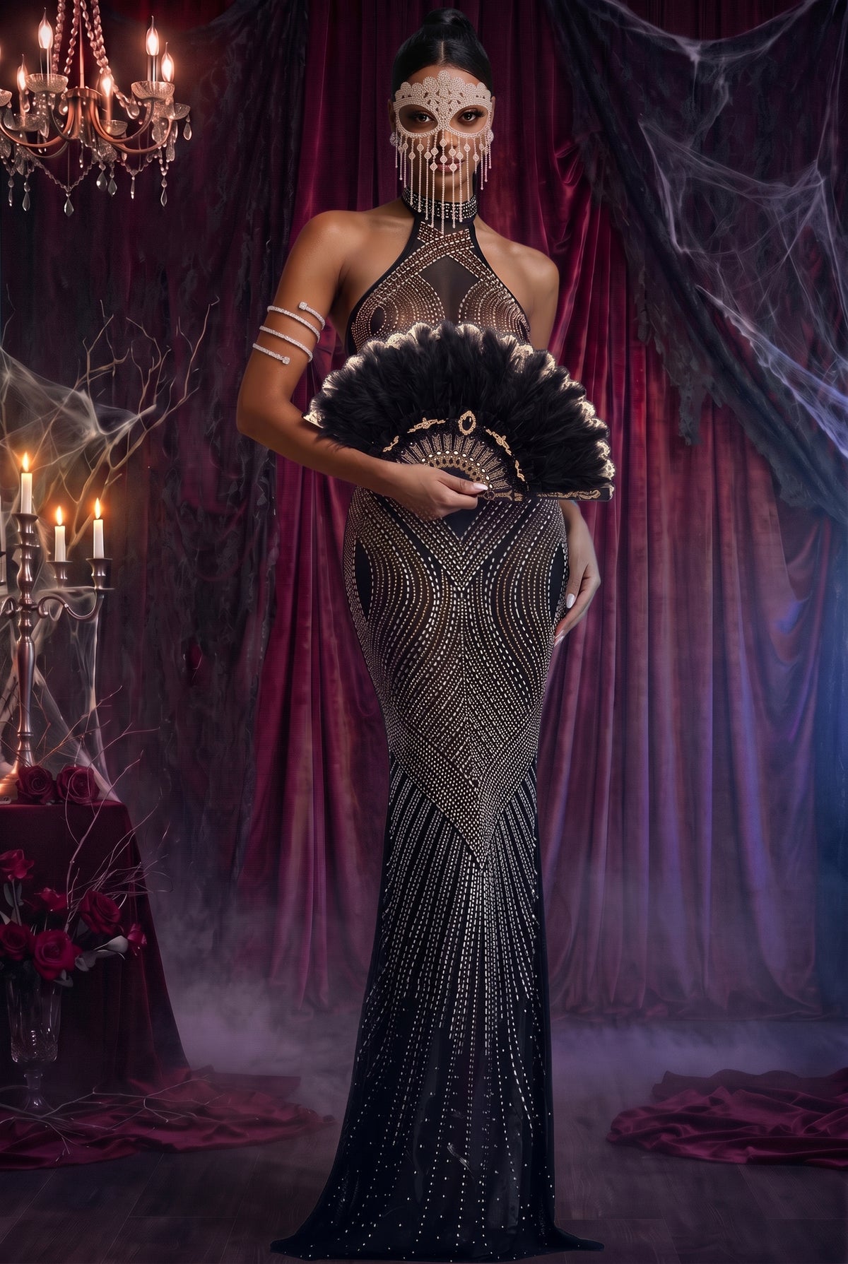 Zelda Halter Sleeveless Rhinestone Stretch Knit Maxi Dress