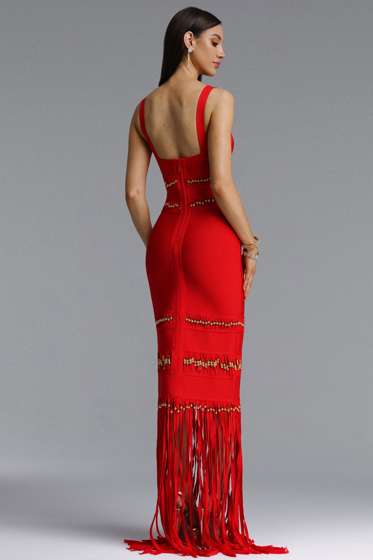 Shanley Sleeveless Beaded Fringe Bandage Maxi Dress – Red
