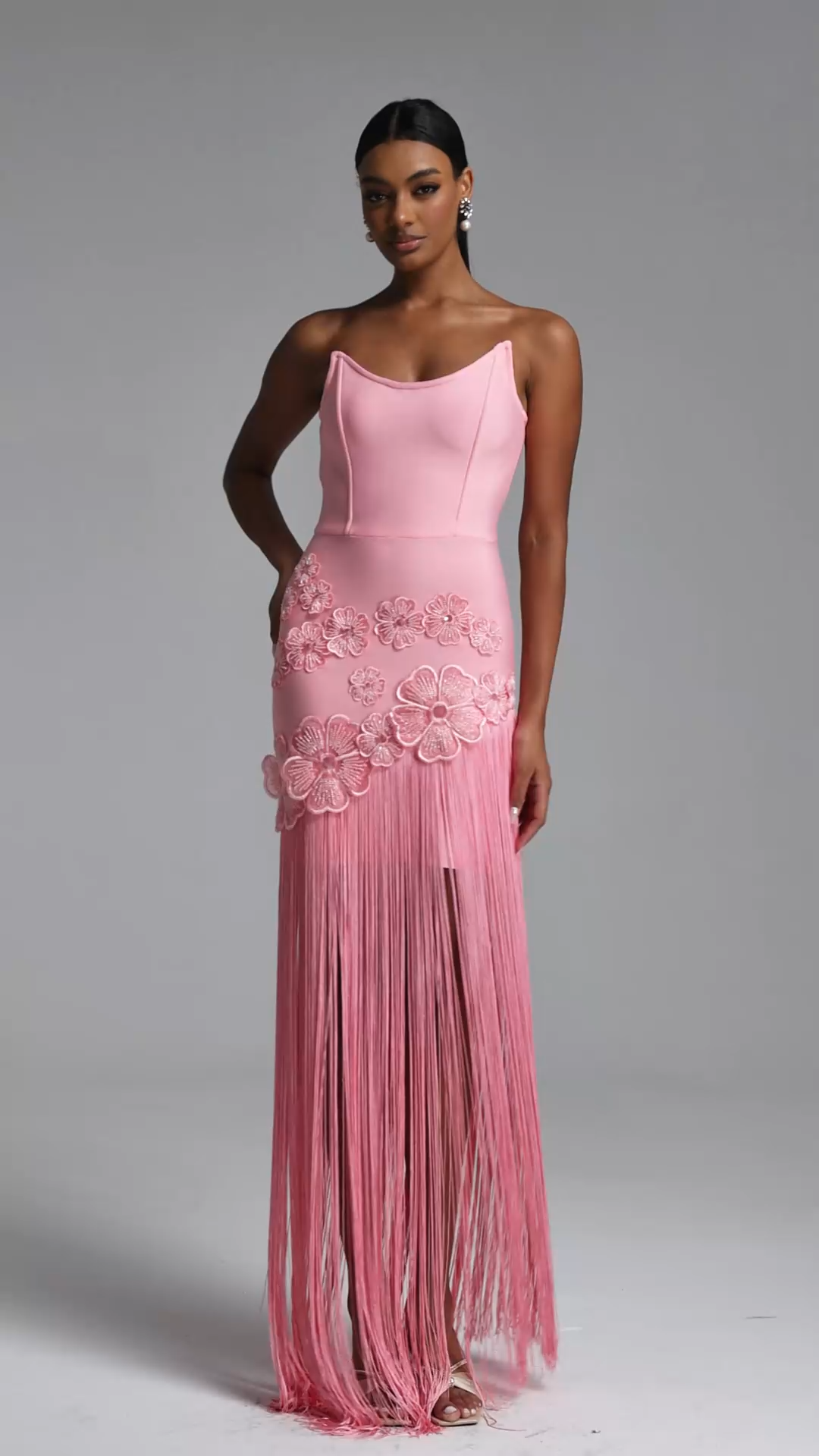 Ezgi Strapless Floral Fringe Bandage Maxi Dress