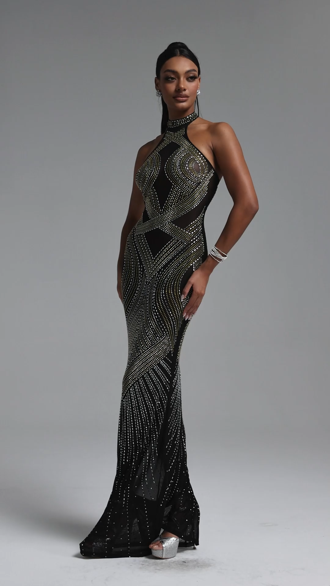 Zelda Halter Sleeveless Rhinestone Stretch Knit Maxi Dress