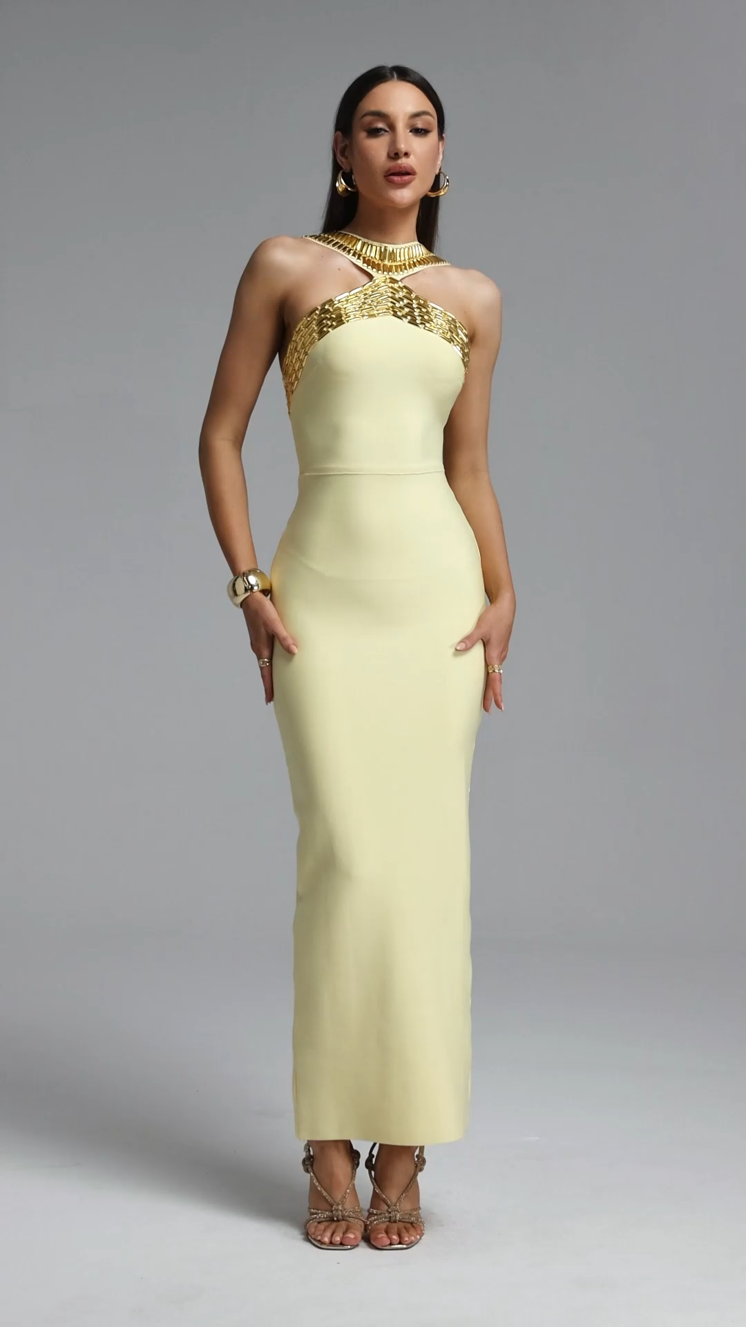 Riza Halter Rhinestone Bandage Maxi Dress – Yellow