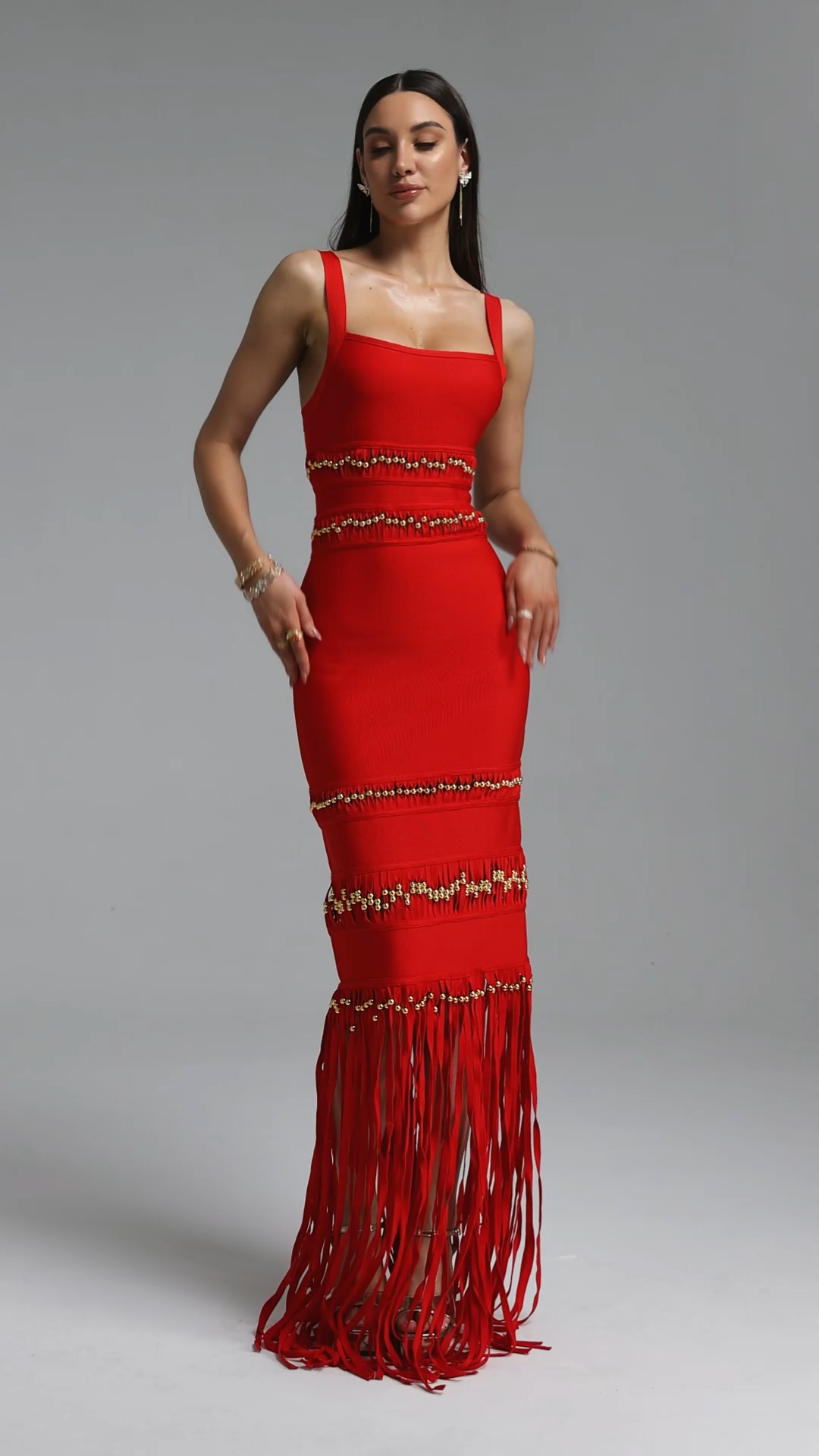 Shanley Sleeveless Beaded Fringe Bandage Maxi Dress – Red