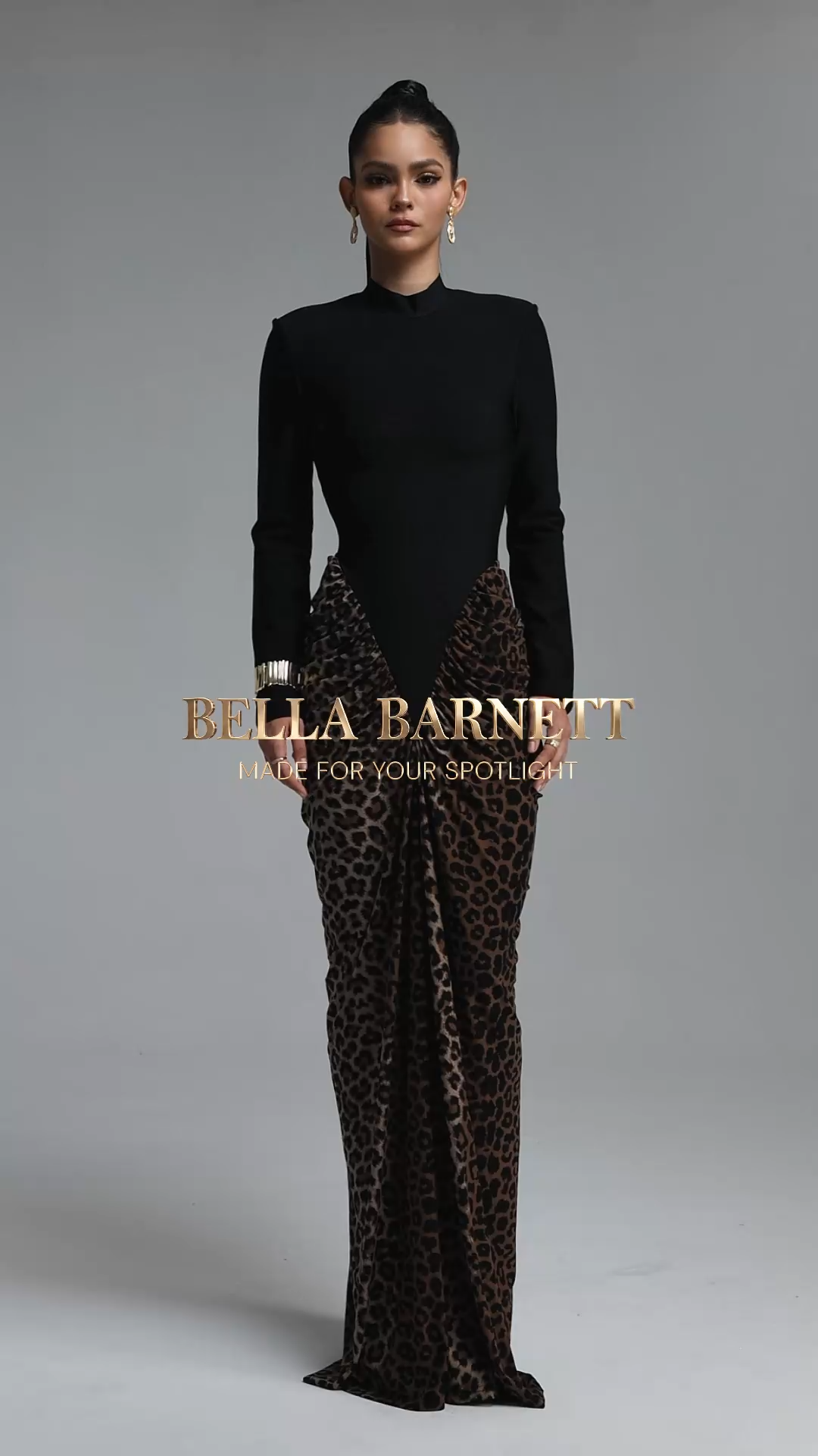 High Neck Long Sleeve Color Block Draped Bandage Maxi Dress